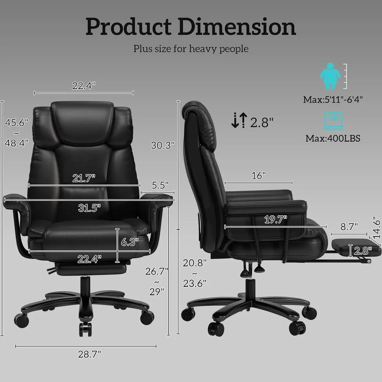 Alt view image 2 of 7 - Big and Tall Office Chair 400LBS with Wide Seat and Arms, 160° Reclining Office Chair with Footrest, Comfortable Executive Office Desk Chair High Back, Computer Chair Home Office