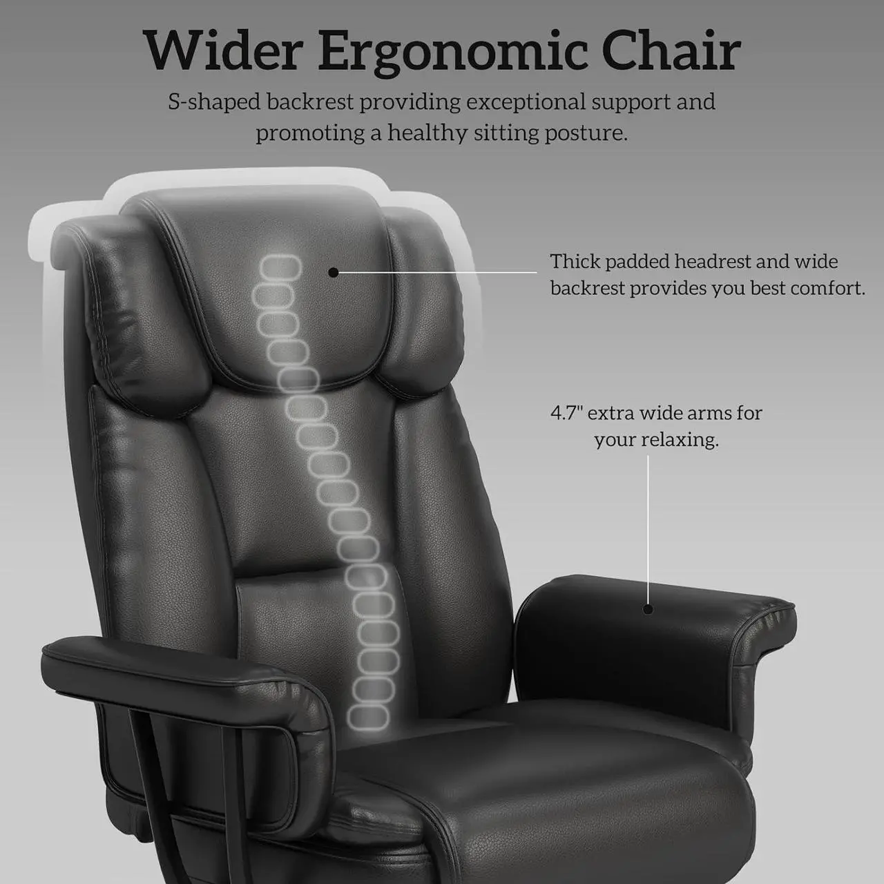 Alt view image 5 of 7 - Big and Tall Office Chair 400LBS with Wide Seat and Arms, 160° Reclining Office Chair with Footrest, Comfortable Executive Office Desk Chair High Back, Computer Chair Home Office