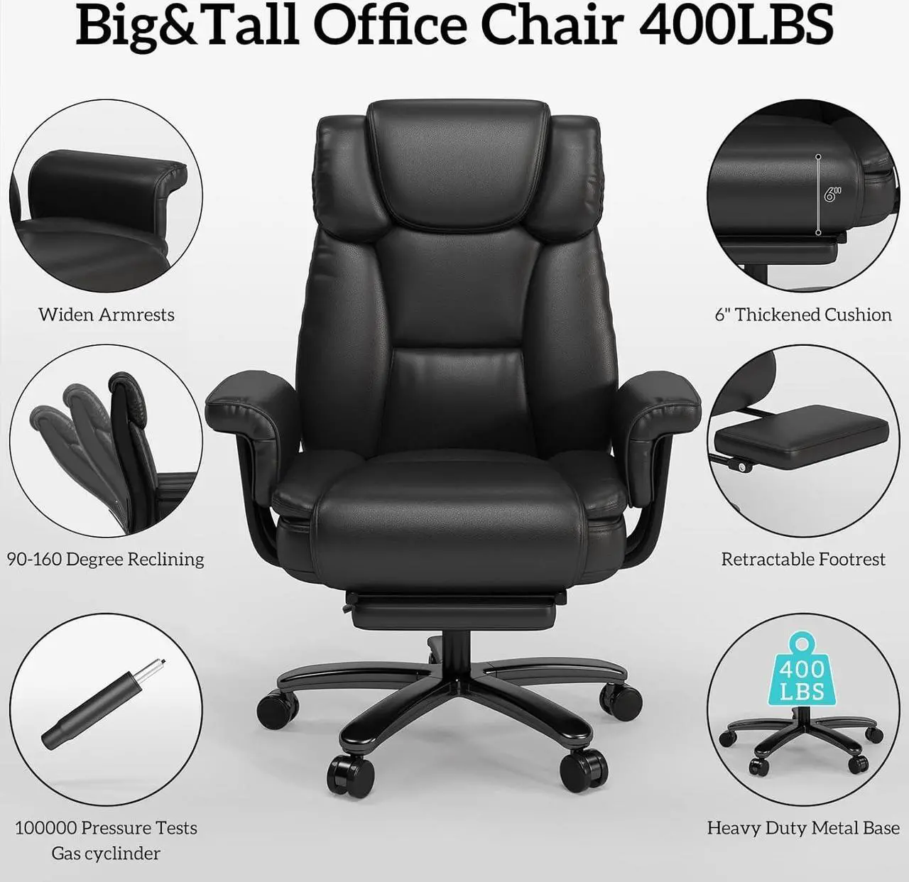 Alt view image 7 of 7 - Big and Tall Office Chair 400LBS with Wide Seat and Arms, 160° Reclining Office Chair with Footrest, Comfortable Executive Office Desk Chair High Back, Computer Chair Home Office