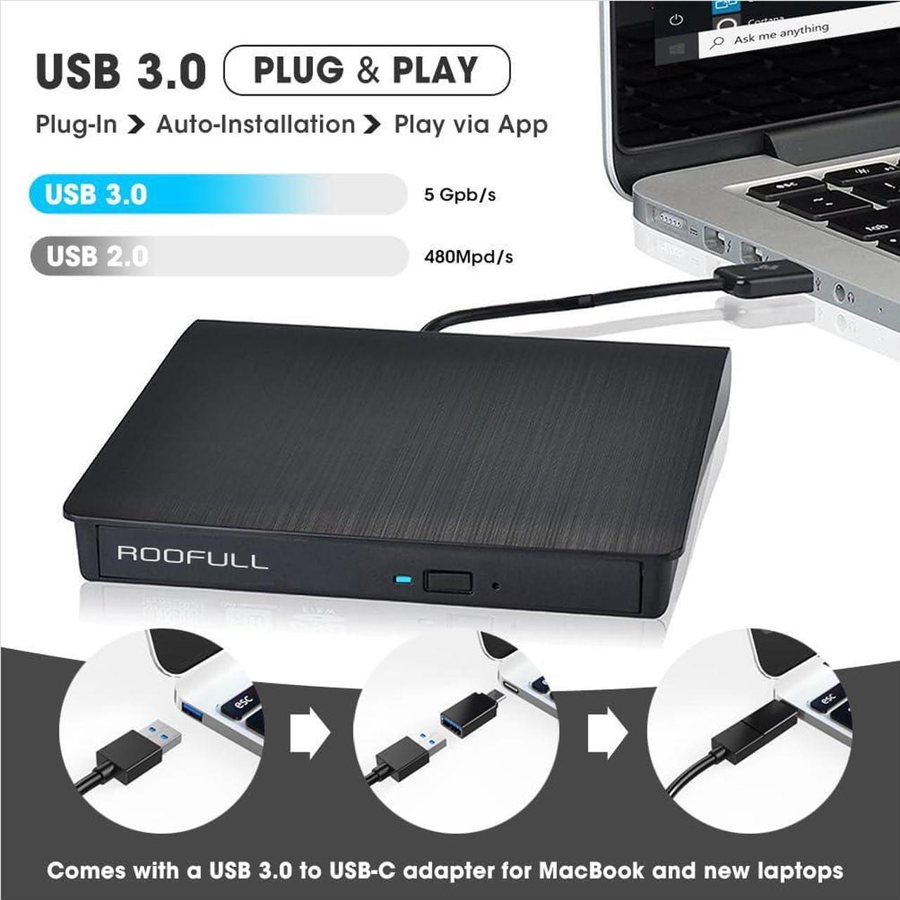 Alt view image 2 of 7 - External CD/DVD Drive USB 3.0 Portable CD DVD Player Burner Reader Writer CD/DVD-ROM +/-RW Optical Disk Drive for Laptop PC Mac Windows 11/10/8/7 Linux Computer with Carrying Case