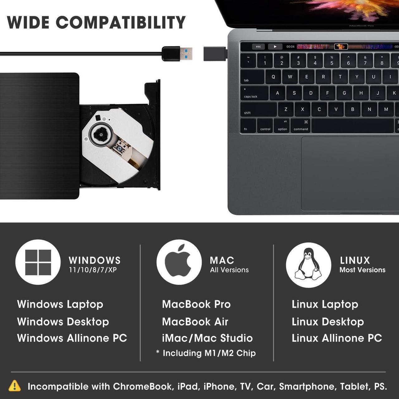 Alt view image 4 of 7 - External CD/DVD Drive USB 3.0 Portable CD DVD Player Burner Reader Writer CD/DVD-ROM +/-RW Optical Disk Drive for Laptop PC Mac Windows 11/10/8/7 Linux Computer with Carrying Case