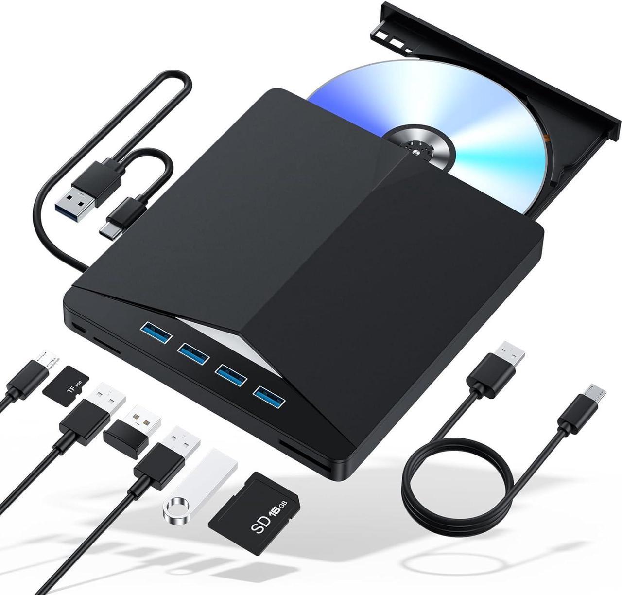 External CD/DVD Drive for Laptop - 7 in 1 USB 3.0 DVD Player for Laptop, CD ROM Disk Drive Portable CD/DVD Burner Compatible with Laptop, Desktop PC, Windows 11/10/8/7, Linux, Mac OS (Black)