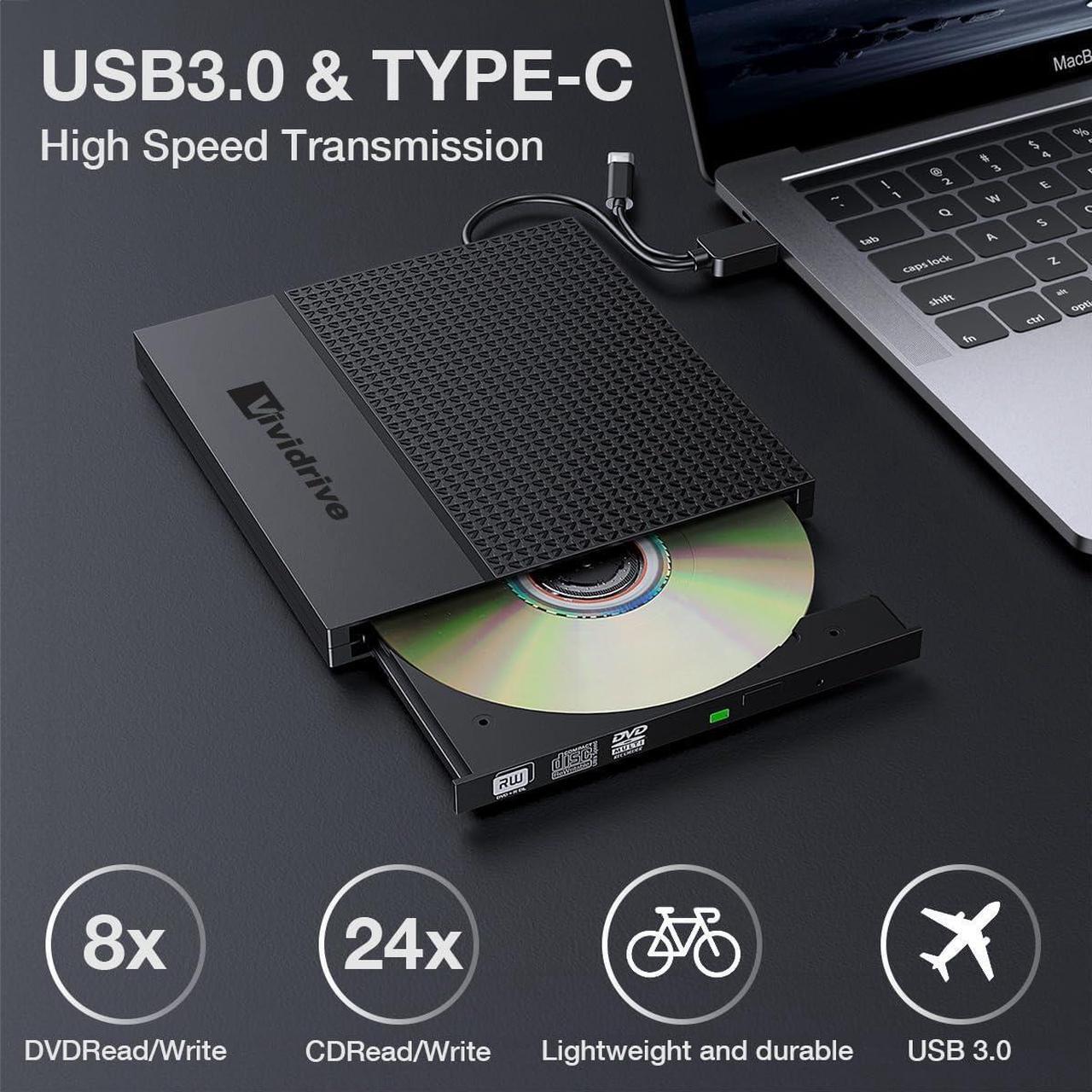 Alt view image 3 of 6 - External CD/DVD Drive for Laptop, USB 3.0 Type-C USB Portable player for Laptop CD DVD +/-RW Disk Drive CD ROM Burner Writer CD/DVD Burner Reader Compatible with Desktop Windows Linux Apple