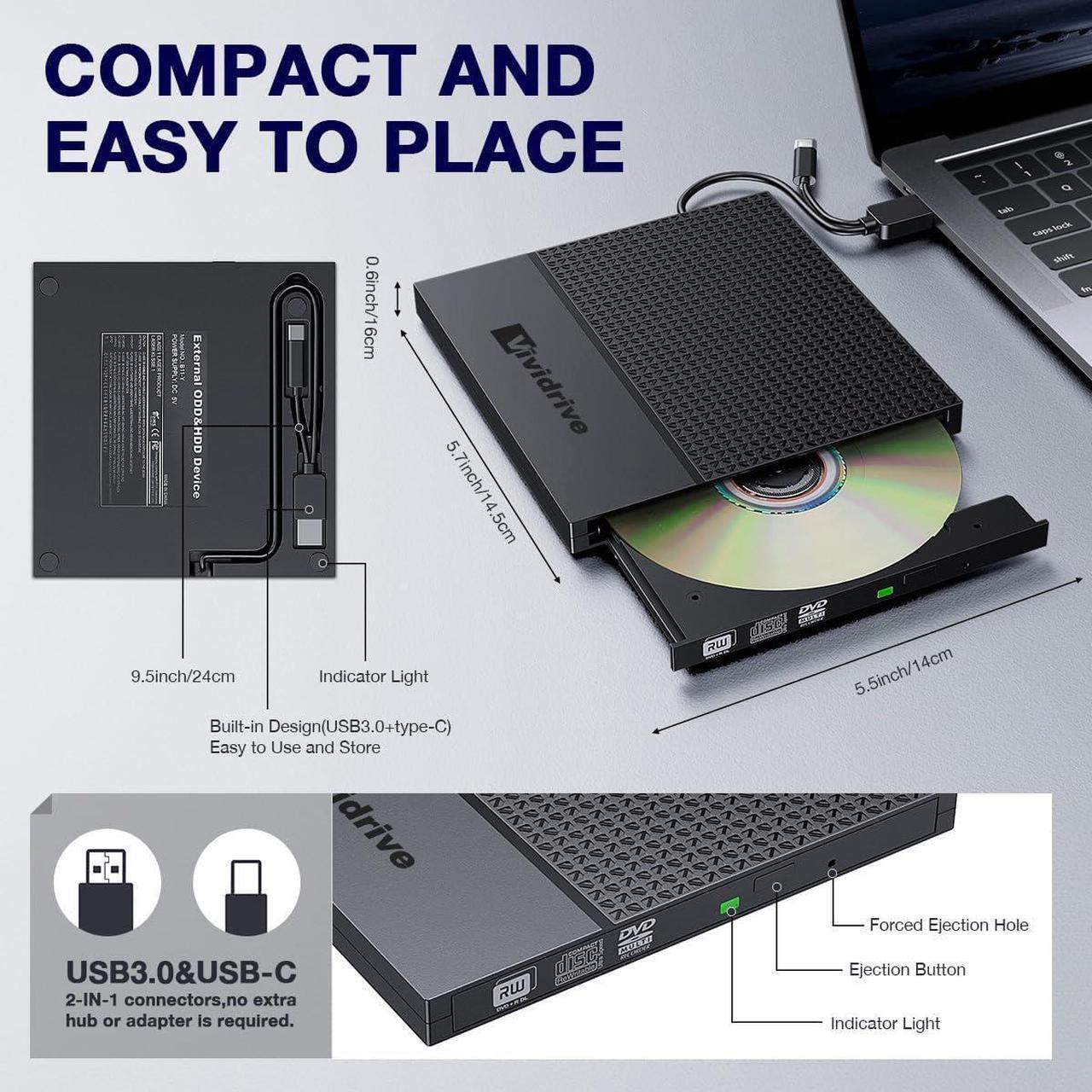 Alt view image 2 of 6 - External CD/DVD Drive for Laptop, USB 3.0 Type-C USB Portable player for Laptop CD DVD +/-RW Disk Drive CD ROM Burner Writer CD/DVD Burner Reader Compatible with Desktop Windows Linux Apple