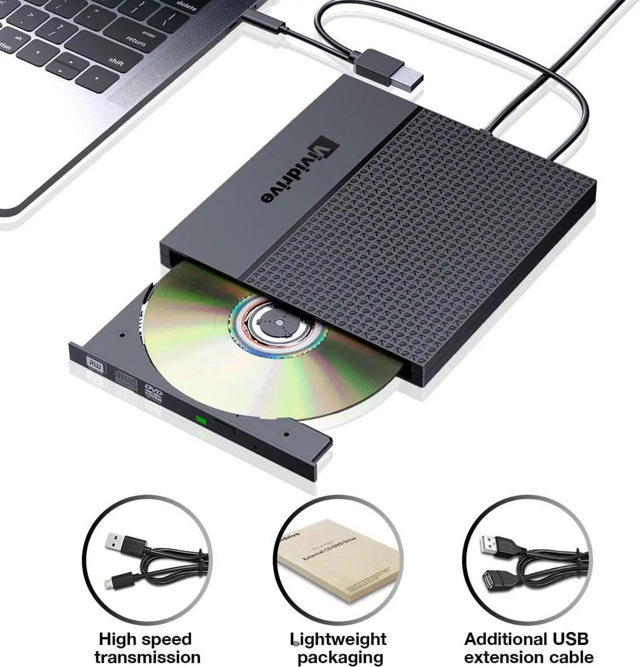 Alt view image 6 of 6 - External CD/DVD Drive for Laptop,Vividrive USB 3.0 Type-C USB Portable Player for Laptop CD DVD +/-RW Disk Drive CD ROM Burner Writer CD/DVD Burner Reader Compatible with Desktop Windows Linux Apple
