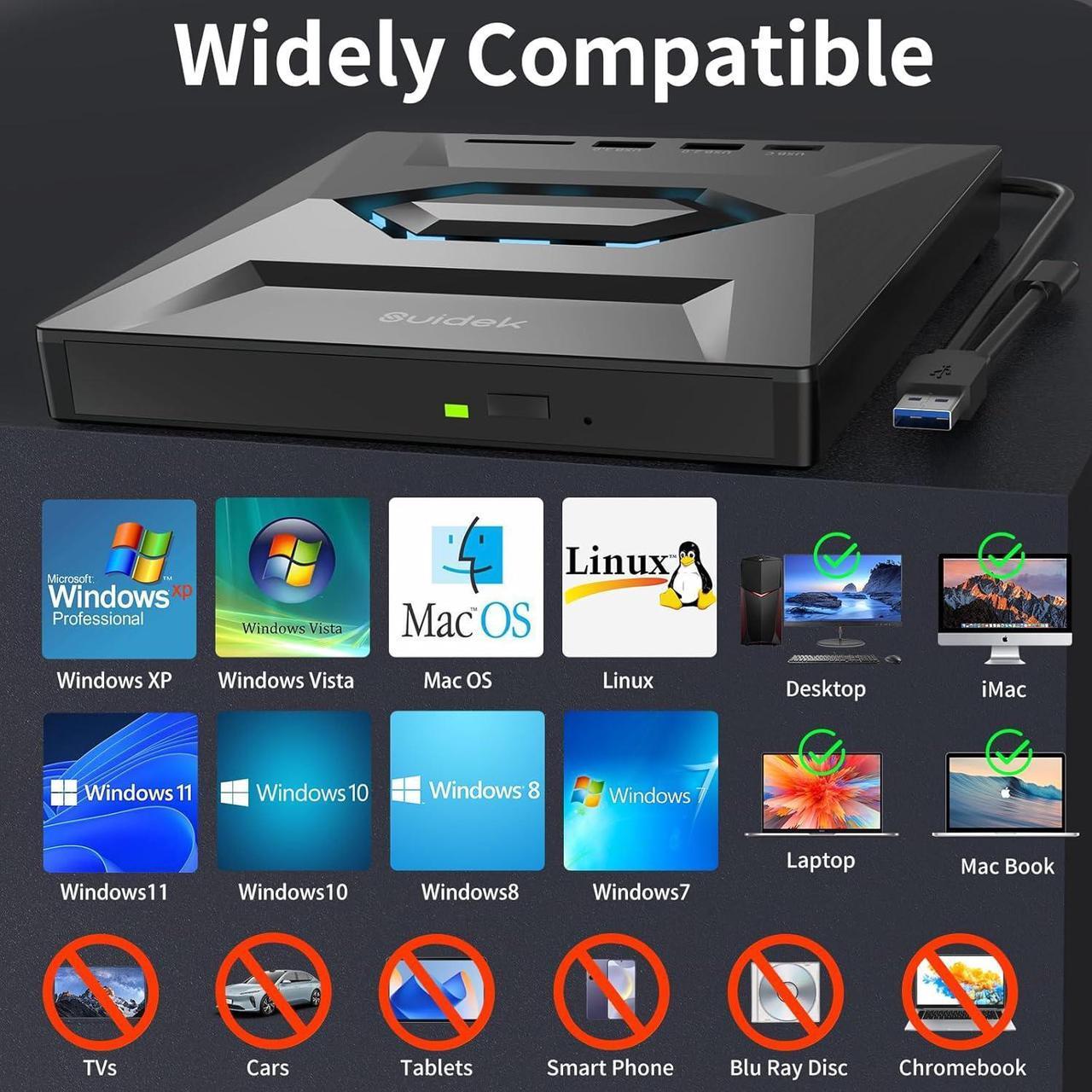 Alt view image 3 of 7 - External CD DVD Drive for Laptop, USB C Portable CD/DVD +/-RW Burner DVD Player for Laptop with SD Card Reader USB 3.0 Type C Hub Compatible with Laptop Desktop PC Windows Linux