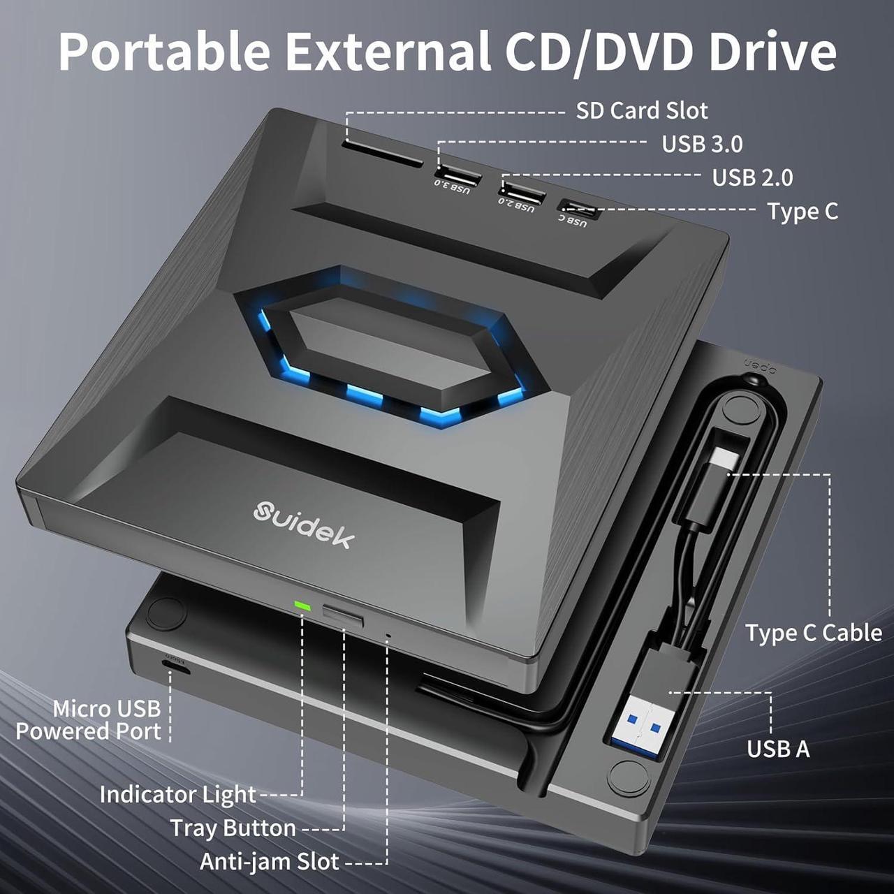 Alt view image 2 of 7 - External CD DVD Drive for Laptop, USB C Portable CD/DVD +/-RW Burner DVD Player for Laptop with SD Card Reader USB 3.0 Type C Hub Compatible with Laptop Desktop PC Windows Linux