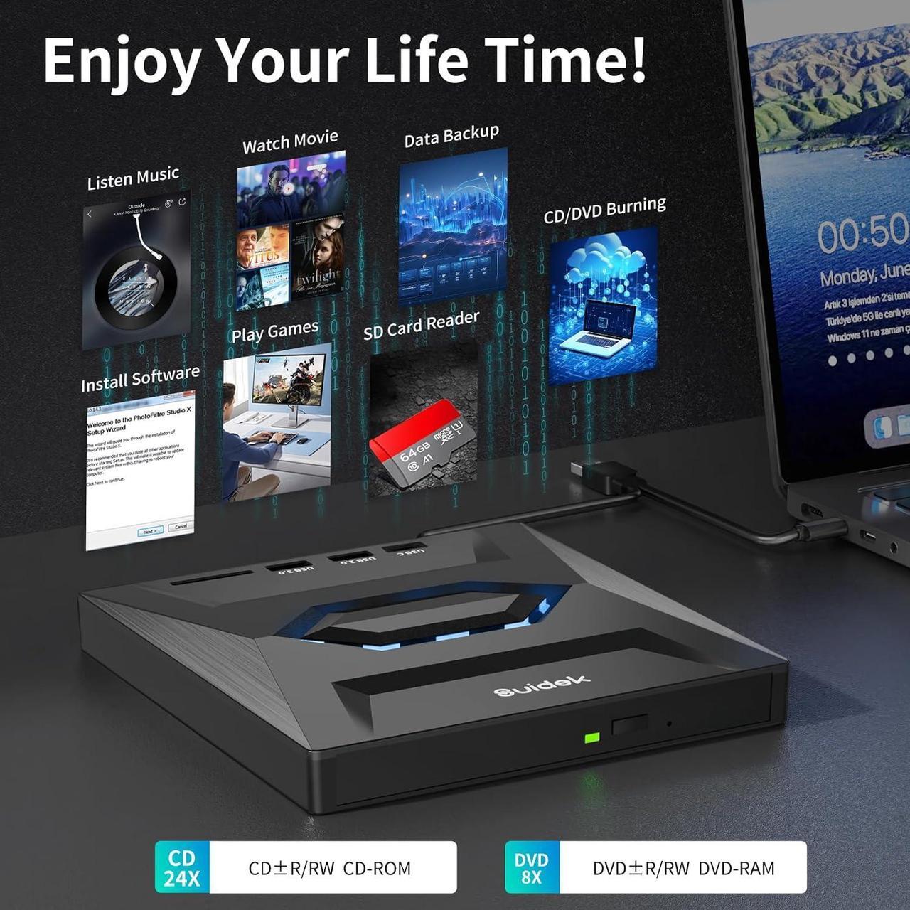Alt view image 5 of 7 - External CD DVD Drive for Laptop, USB C Portable CD/DVD +/-RW Burner DVD Player for Laptop with SD Card Reader USB 3.0 Type C Hub Compatible with Laptop Desktop PC Windows Linux