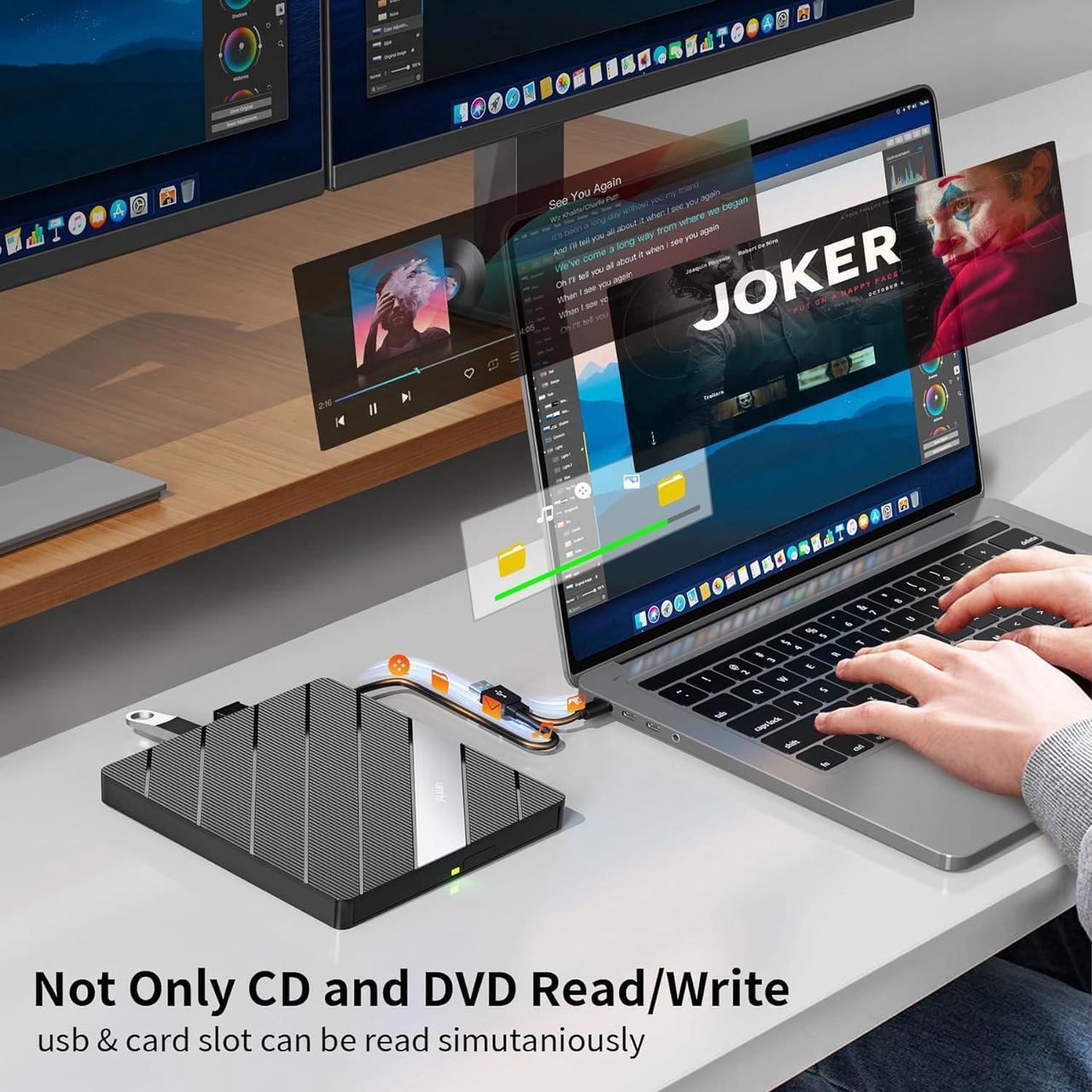 Alt view image 5 of 7 - External CD/DVD Drive for Laptop, 7 in 1 USB Ultra-Slim Portable CD/DVD Player Burner, Slot Type CD ROM Burner Writer External Disk Drive Compatible with Laptop PC MacBook Windows Linux