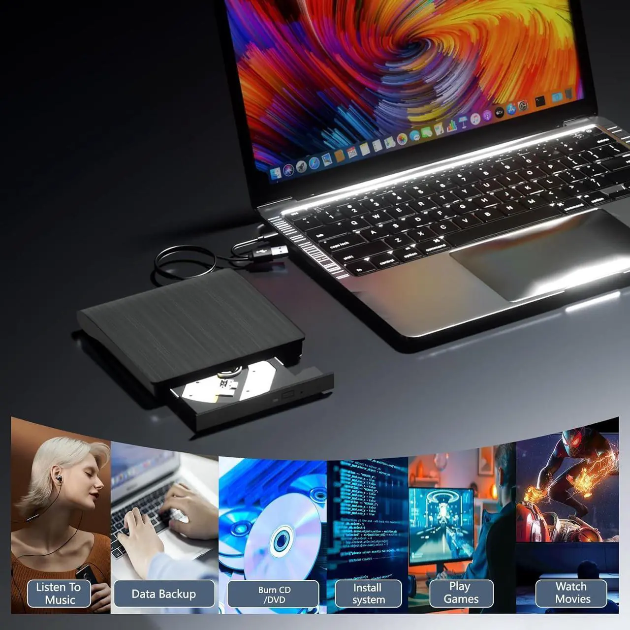 Alt view image 5 of 7 - External Blu-ray Drive BDR-XD08UMB-S Matte-Black Body USB 3.2 Gen1 (USB Type-C) / 2.0 Slim Portable BD/DVD/CD Writer high-Grade Rubber Coating