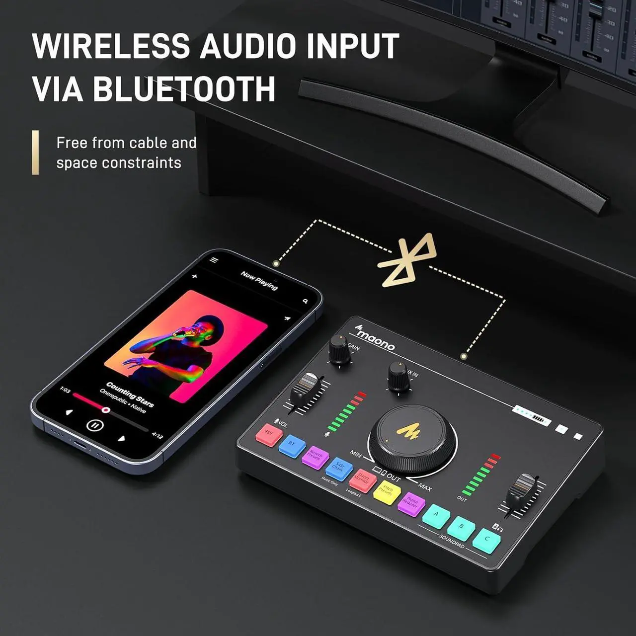 Alt view image 3 of 7 - MAONO Streaming Audio Mixer, Audio Interface with Pro-preamp, Bluetooth, Built-in Battery, 48V Phantom Power for Live Streaming, Podcasting, Gaming MaonoCaster AMC2 NEO (MATTE BLACK)