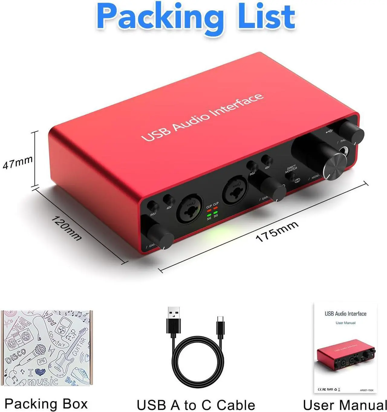 Alt view image 7 of 7 - 2i2 USB Audio Interface with 48V Phantom Power 24Bit/192kHz 4 Line Outputs & 2 Line Inputs for the Musicians, Vocalist, Podcaster,USB Audio Interface Works with Most DAWs and Recording Software