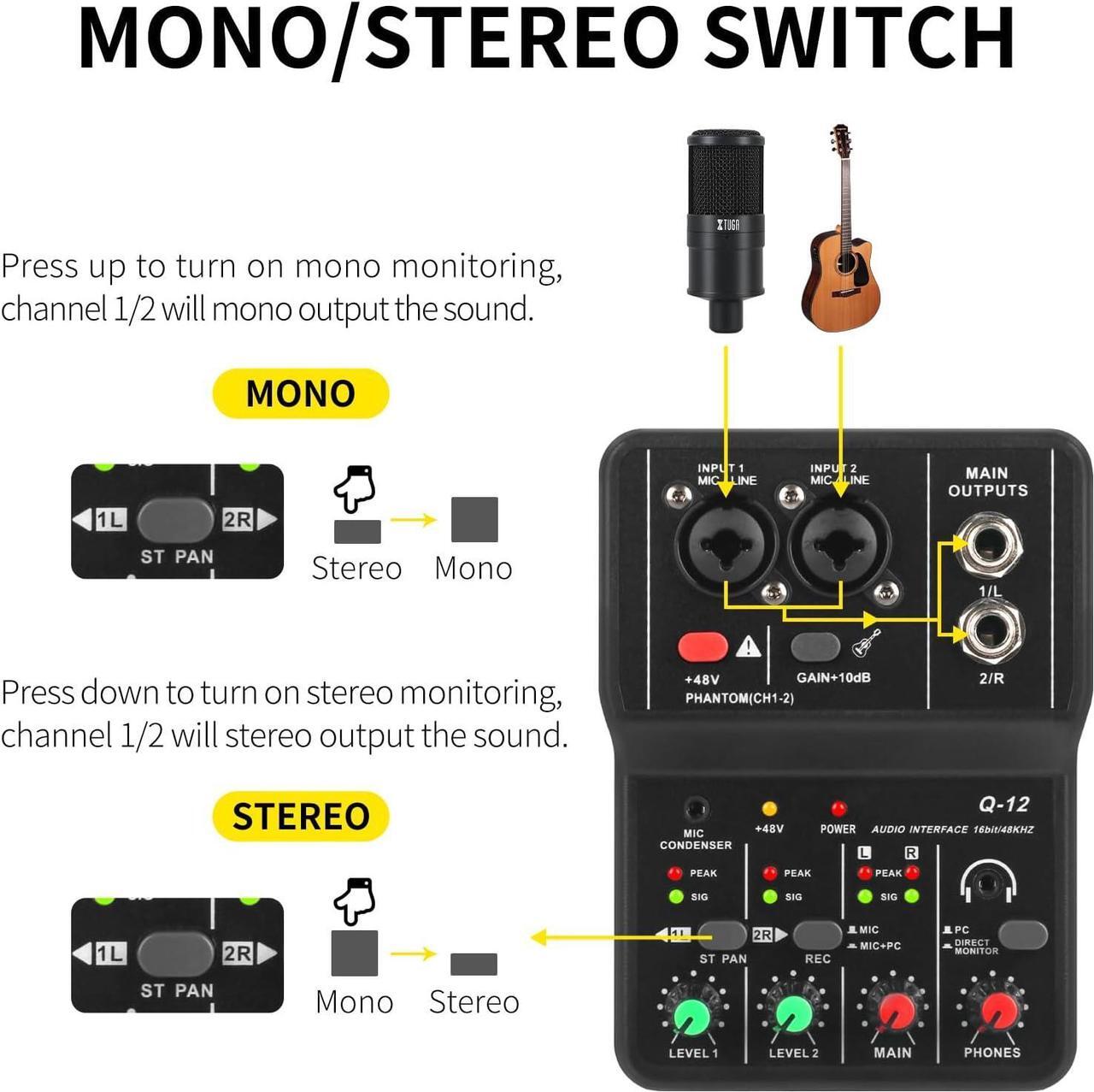 Alt view image 3 of 7 - USB Audio Interface for PC,Interface for Recording Music Computer Recording Audio Interface XLR with 3.55m Microphone Jack, USB Sound Card for Recording Studio, Ultra-low Latency Plug&Play, Q-12