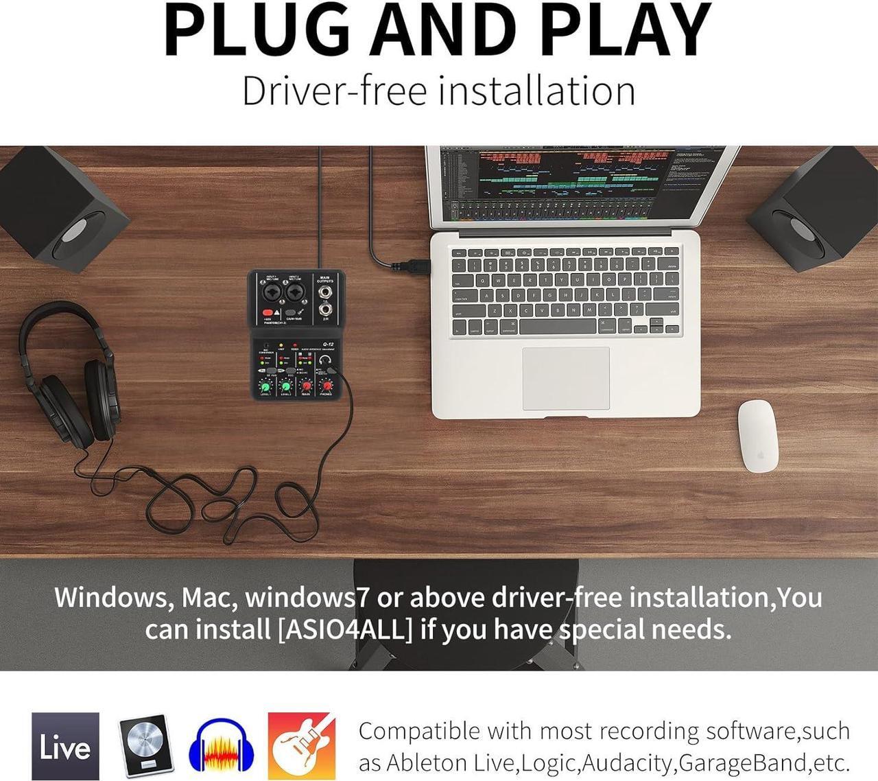 Alt view image 5 of 7 - USB Audio Interface for PC,Interface for Recording Music Computer Recording Audio Interface XLR with 3.55m Microphone Jack, USB Sound Card for Recording Studio, Ultra-low Latency Plug&Play, Q-12