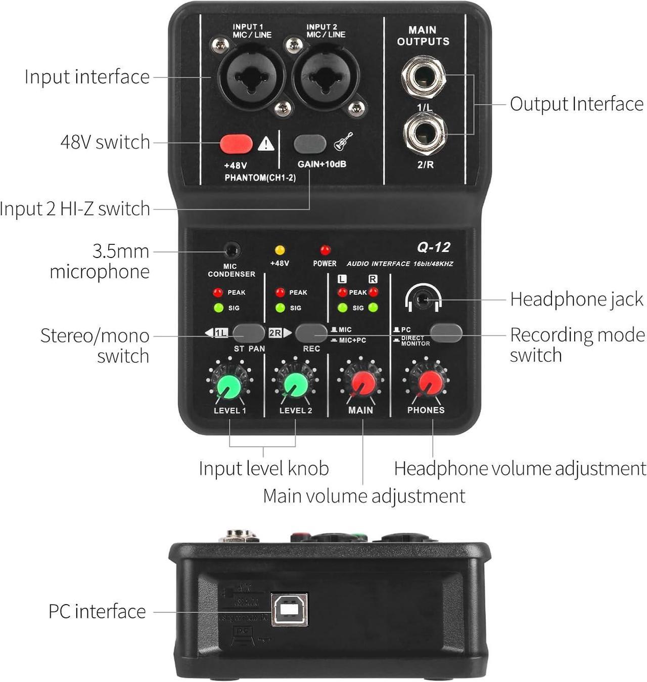 Alt view image 7 of 7 - USB Audio Interface for PC,Interface for Recording Music Computer Recording Audio Interface XLR with 3.55m Microphone Jack, USB Sound Card for Recording Studio, Ultra-low Latency Plug&Play, Q-12
