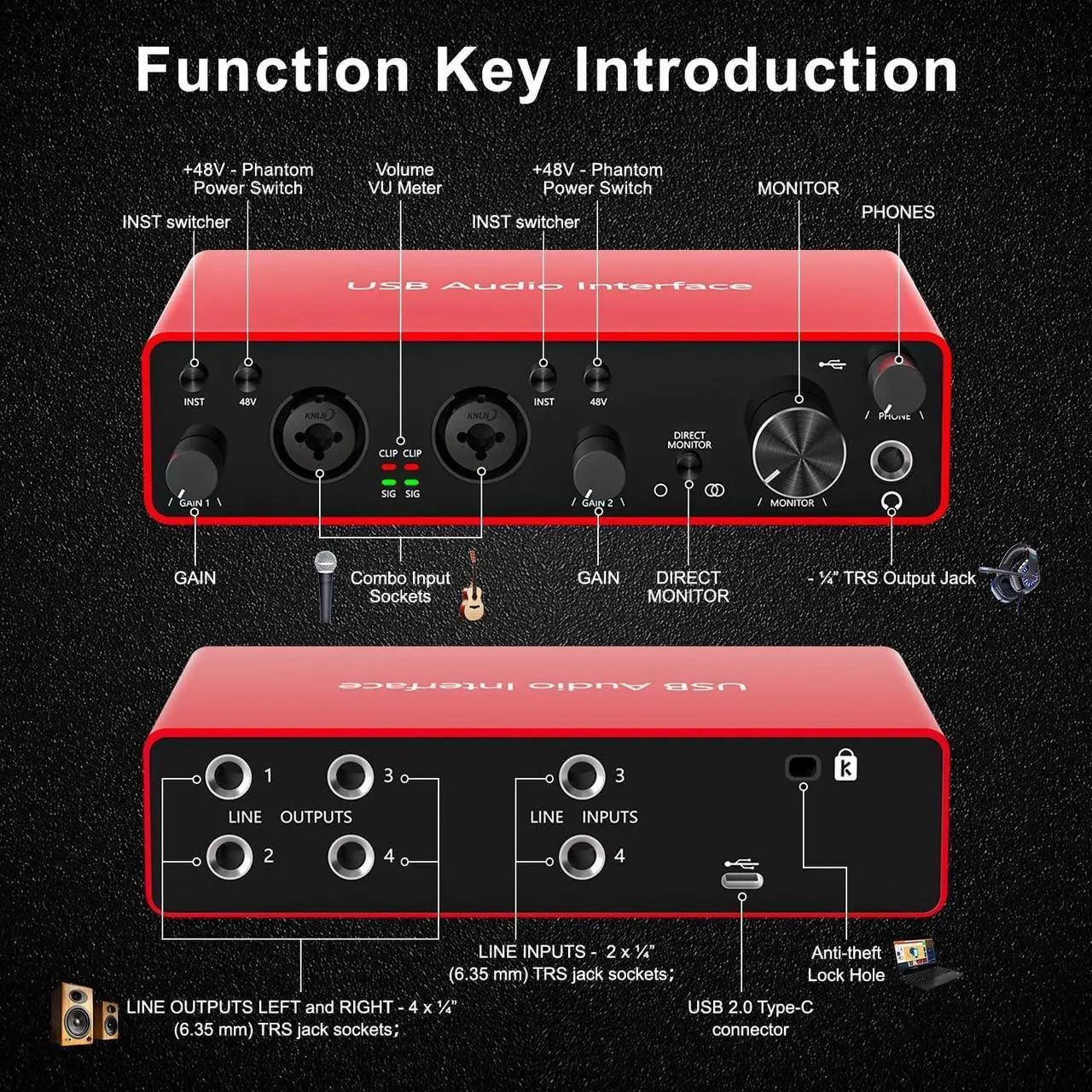 Alt view image 2 of 7 - 2i2 USB Audio Interface with 48V Phantom Power 24Bit/192kHz 4 Line Outputs & 2 Line Inputs for the Musicians, Vocalist, Podcaster,USB Audio Interface Works with Most DAWs and Recording Software
