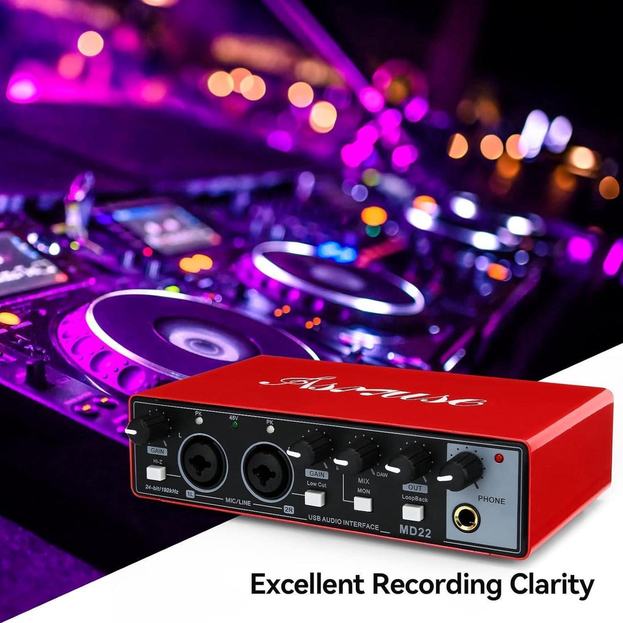 Alt view image 2 of 7 - Asmuse USB Audio Interface, 24Bit/196kHz Professional Sound Card, Audio Mixer with XLR/TSR/TS Ports for Guitarist, Vocalist, Podcaster or Producer (Red)