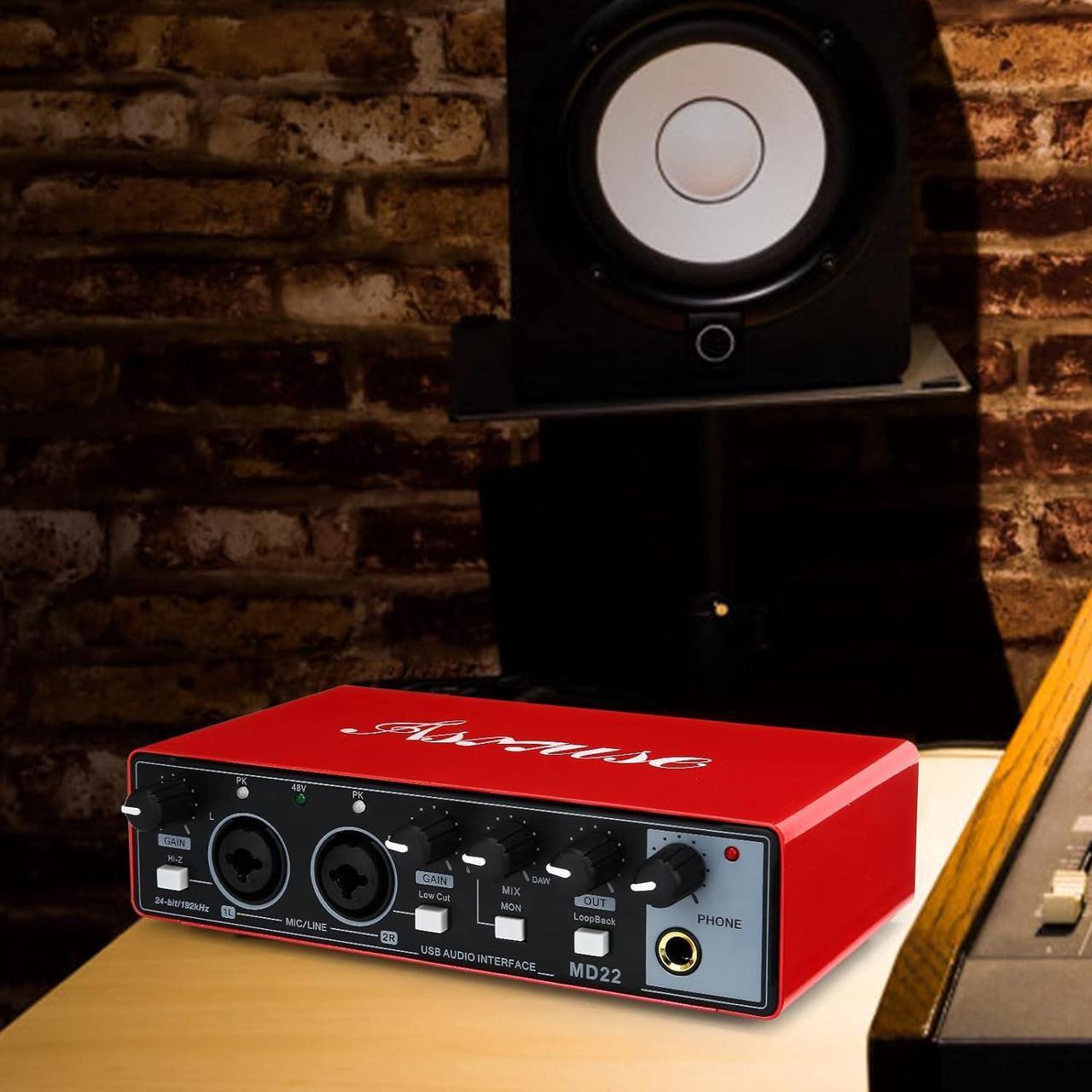 Alt view image 4 of 7 - Asmuse USB Audio Interface, 24Bit/196kHz Professional Sound Card, Audio Mixer with XLR/TSR/TS Ports for Guitarist, Vocalist, Podcaster or Producer (Red)