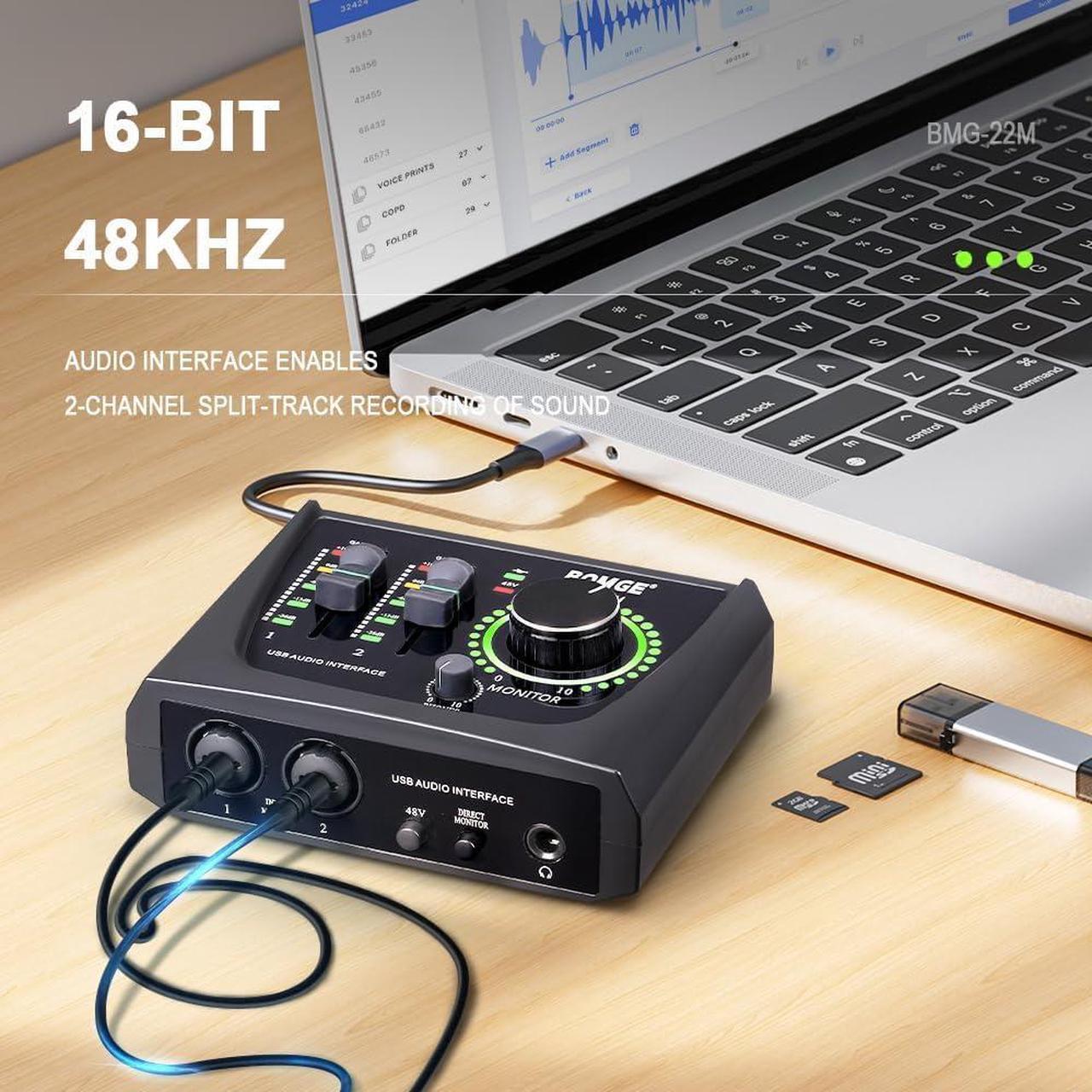 Alt view image 4 of 7 - BOMGE mini 2 Channel USB Audio Interface for Recording, Streaming and Podcasting, with XLR/48V Phantom Power,Studio Quality Audio Interface for Guitarist, Vocalist, Podcaster or Producer