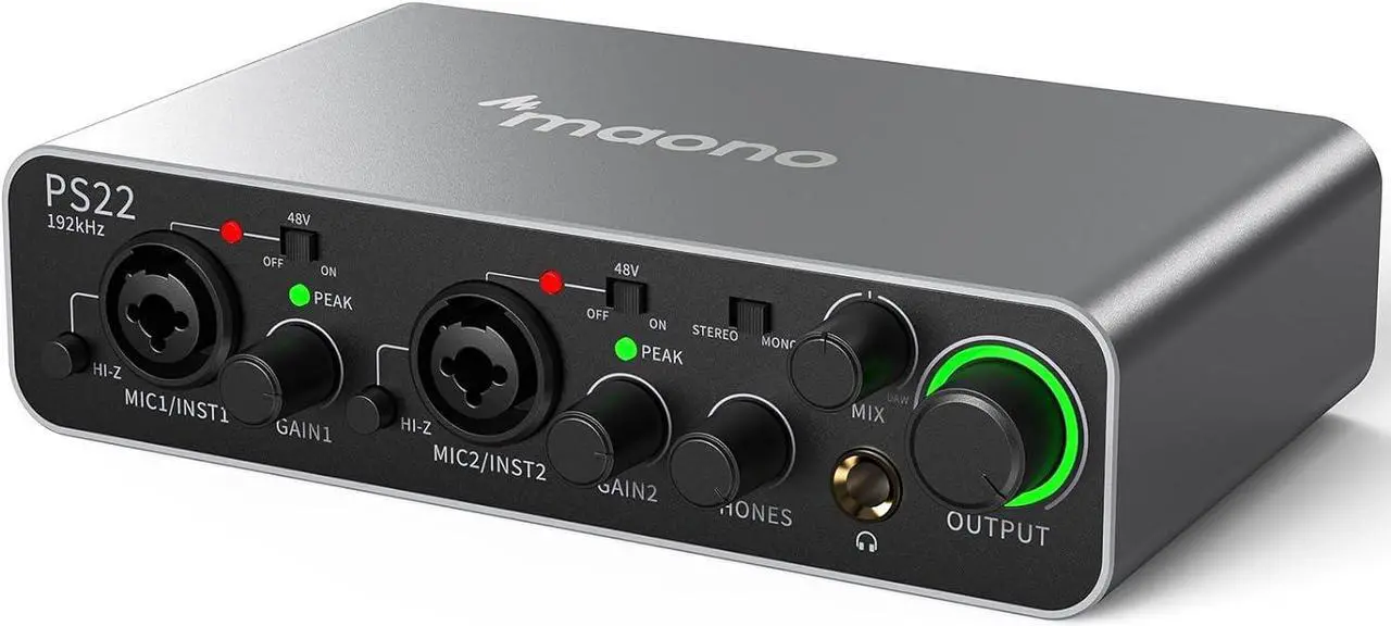 Main image of MAONO USB Audio interface for PC with 60 dB Pro-preamp, 24bit/192kHz, Dual USB interface for PC&Smartphone, Routing Software for Home Recording, Music Production, Guitar, Podcast, Streaming(PS22)