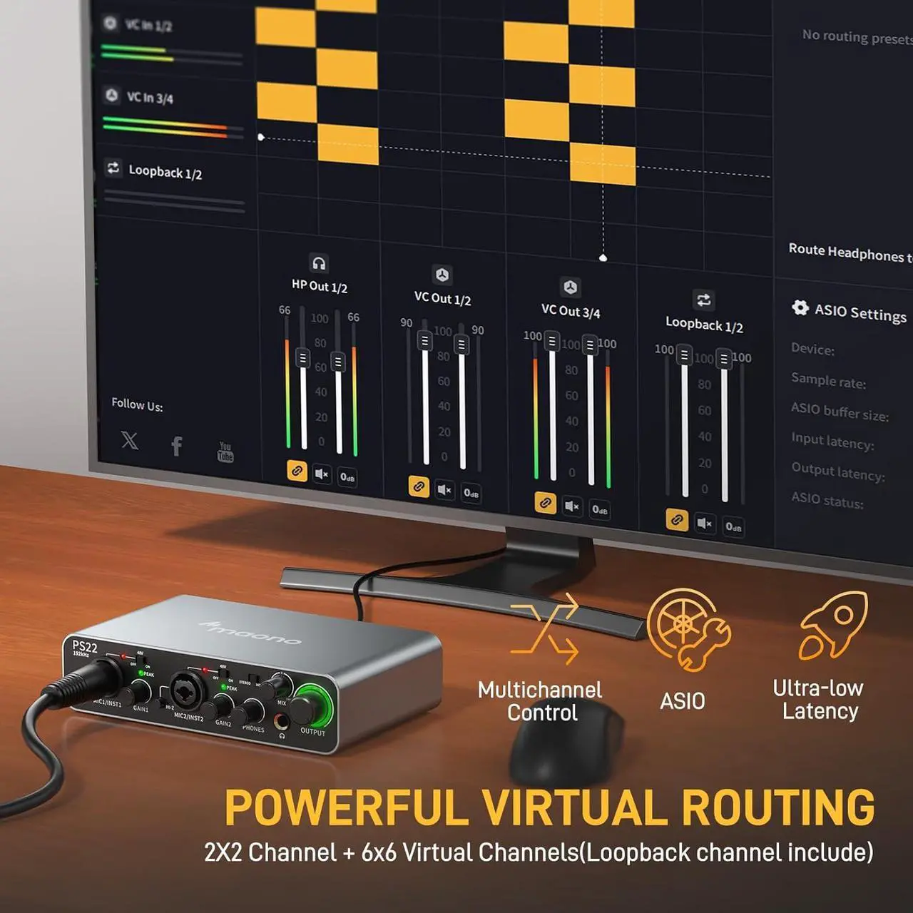 Alt view image 4 of 7 - MAONO USB Audio interface for PC with 60 dB Pro-preamp, 24bit/192kHz, Dual USB interface for PC&Smartphone, Routing Software for Home Recording, Music Production, Guitar, Podcast, Streaming(PS22)