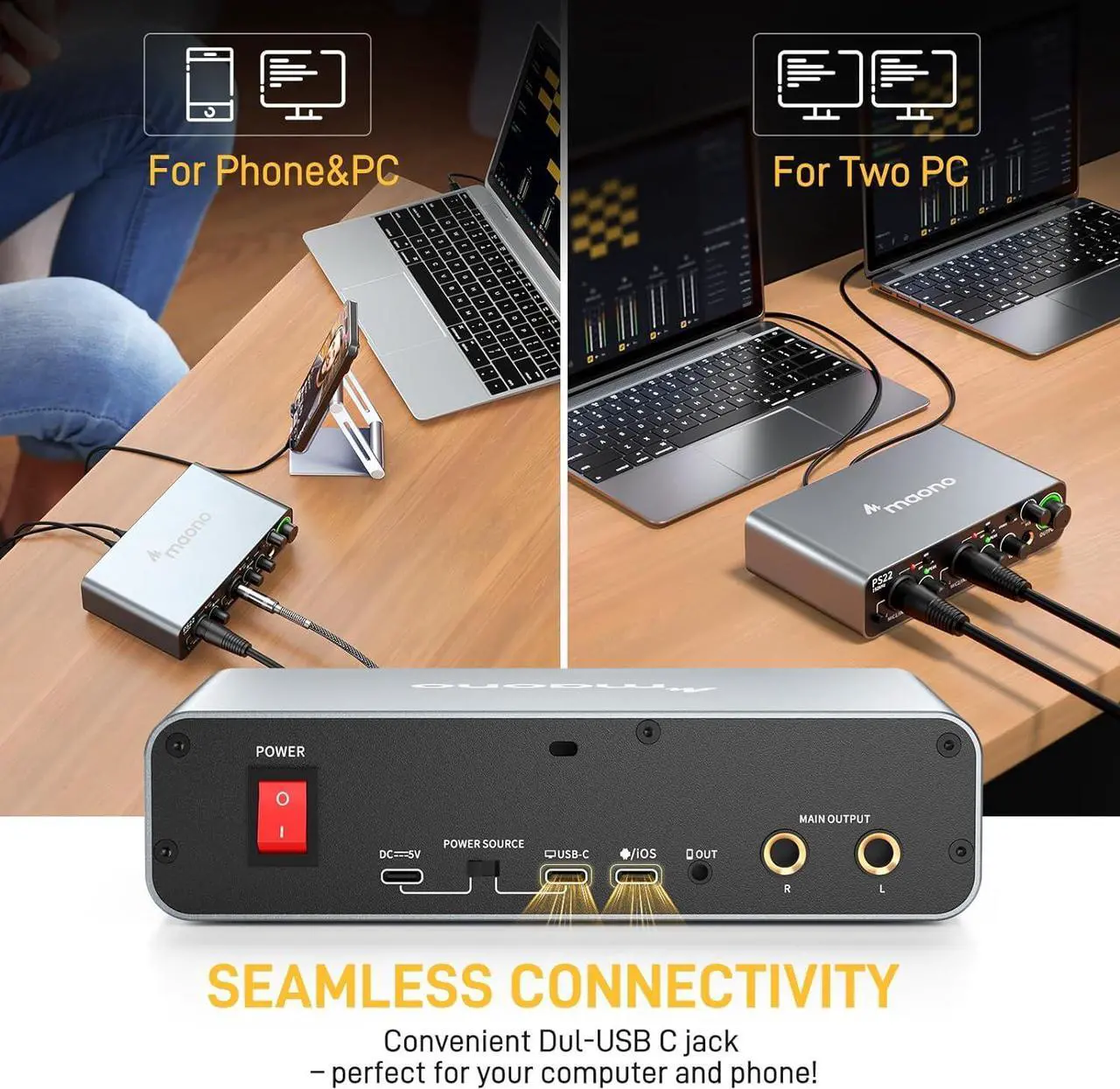 Alt view image 5 of 7 - MAONO USB Audio interface for PC with 60 dB Pro-preamp, 24bit/192kHz, Dual USB interface for PC&Smartphone, Routing Software for Home Recording, Music Production, Guitar, Podcast, Streaming(PS22)
