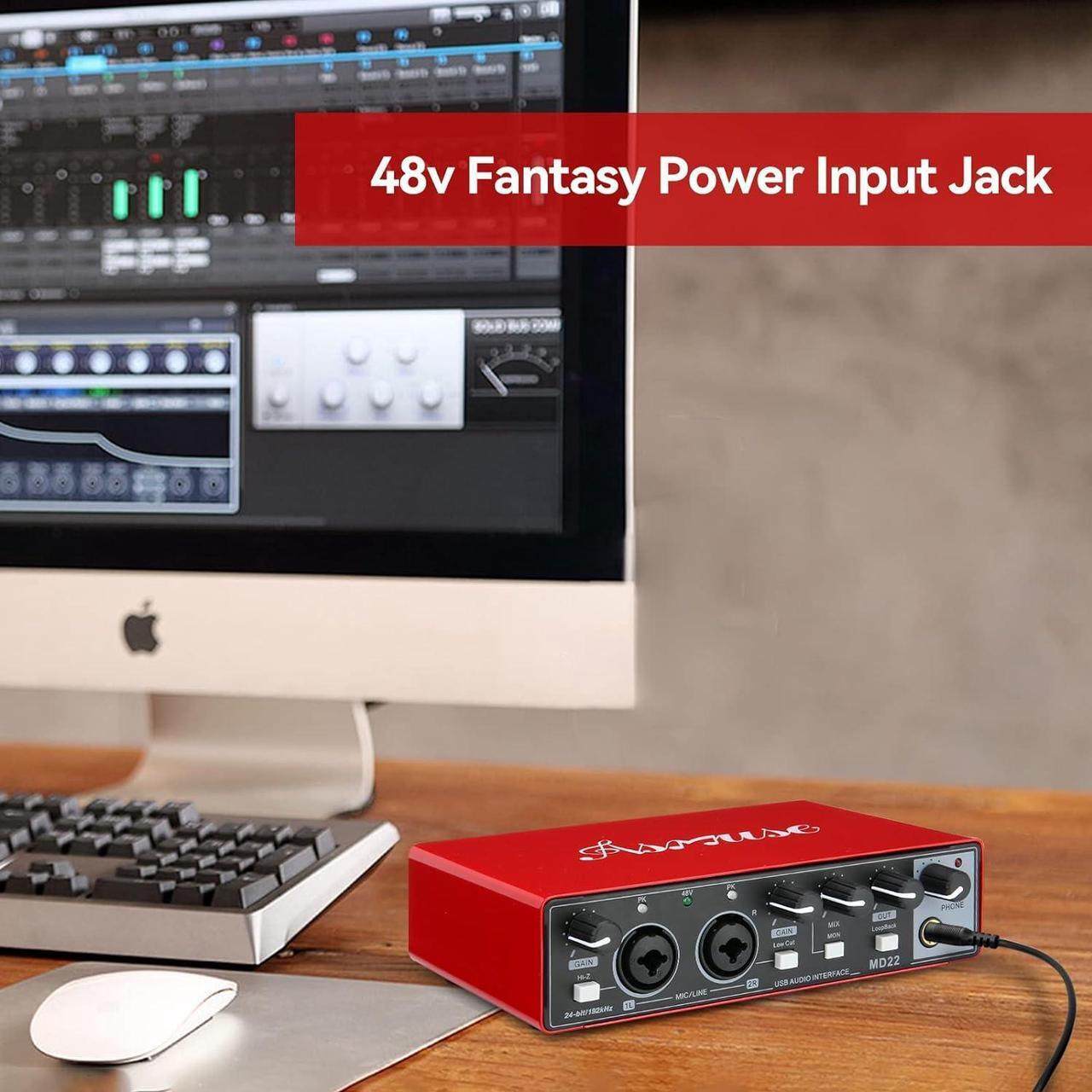 Alt view image 3 of 7 - Asmuse USB Audio Interface, 24Bit/196kHz Professional Sound Card, Audio Mixer with XLR/TSR/TS Ports for Guitarist, Vocalist, Podcaster or Producer (Red)