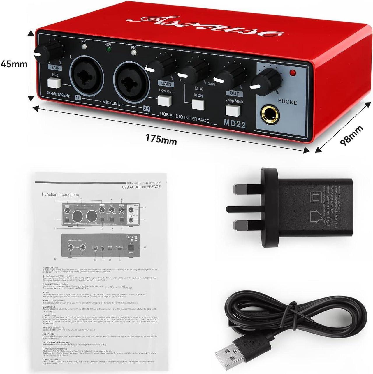 Alt view image 6 of 7 - Asmuse USB Audio Interface, 24Bit/196kHz Professional Sound Card, Audio Mixer with XLR/TSR/TS Ports for Guitarist, Vocalist, Podcaster or Producer (Red)