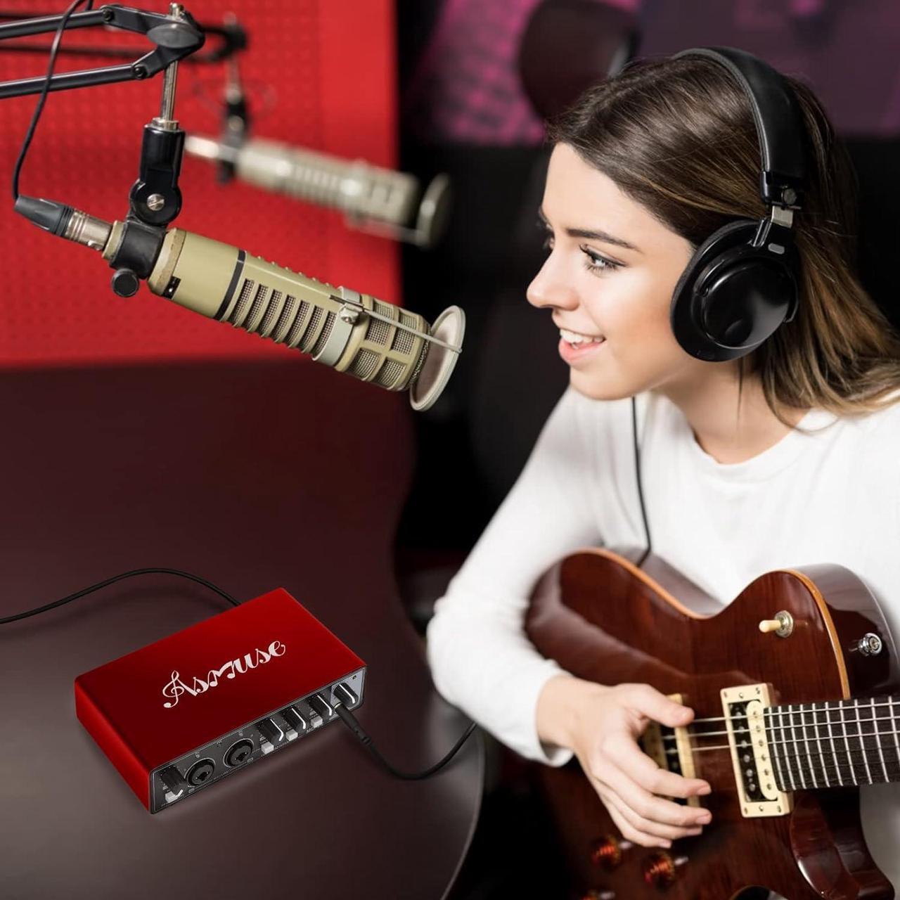 Alt view image 7 of 7 - Asmuse USB Audio Interface, 24Bit/196kHz Professional Sound Card, Audio Mixer with XLR/TSR/TS Ports for Guitarist, Vocalist, Podcaster or Producer (Red)