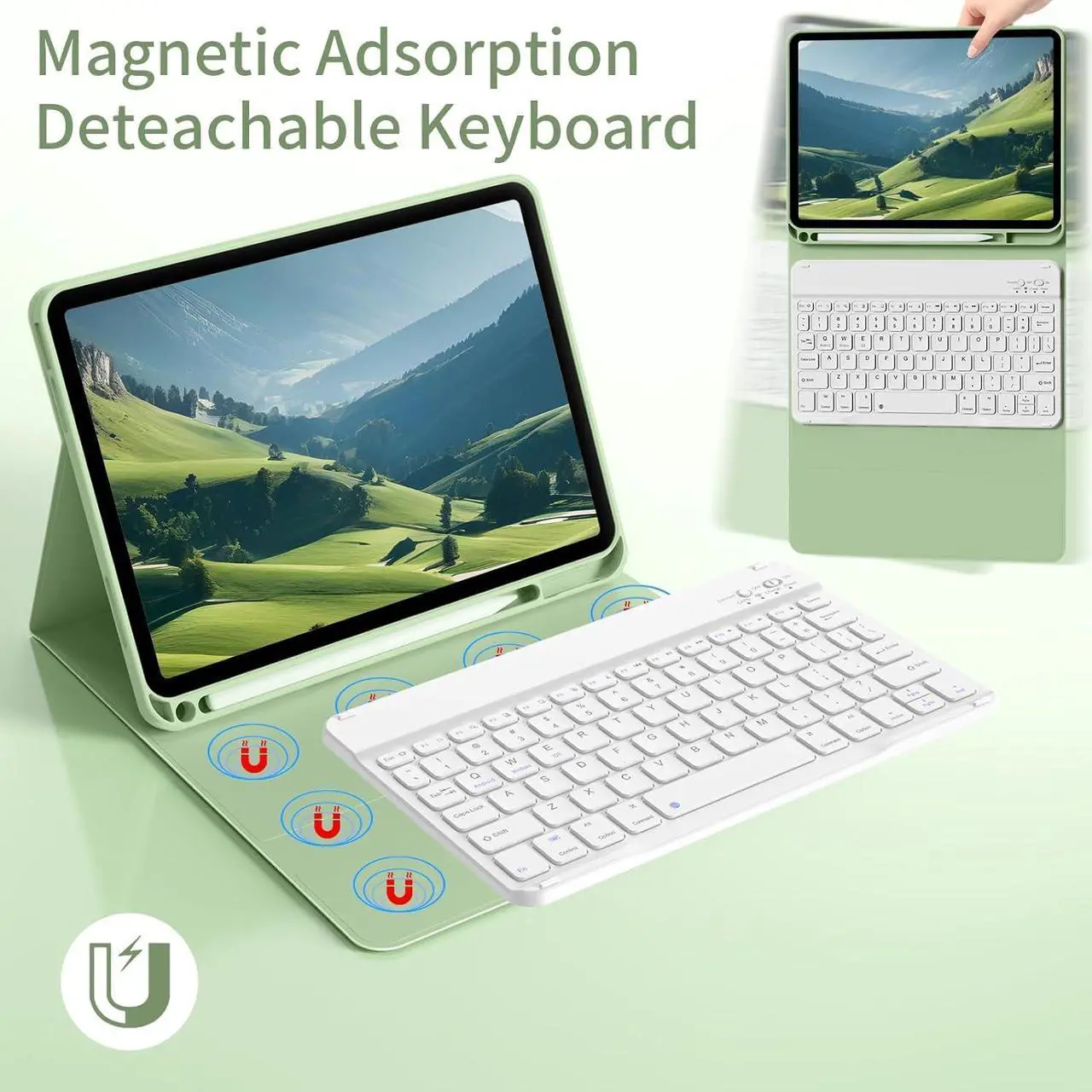 Alt view image 7 of 7 - Keyboard Case for iPad 10th Generation 10.9 inch, Stand Folio Detachable Wireless Bluetooth Rechargeable Keyboard Soft TPU Back Case with Pencil Holder for New iPad 10th Gen 2022, Light Green