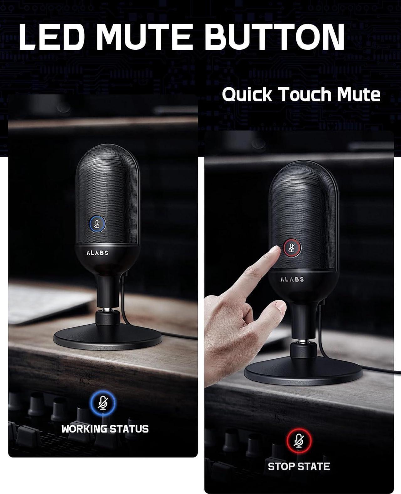 Alt view image 2 of 7 - ALABS USB Microphone,Condenser Podcast Microphone for Computer,Mac,Smartphone,Plug&Play Gaming Mic with LED Quick Mute,1/8" Headphone Monitor Jack,for Recording,Singing,YouTube,Tiktok Black