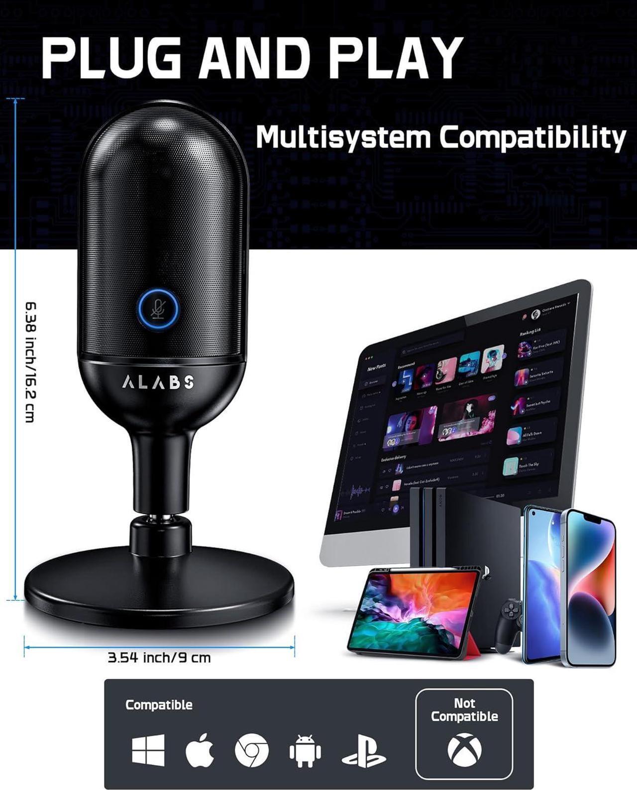 Alt view image 4 of 7 - ALABS USB Microphone,Condenser Podcast Microphone for Computer,Mac,Smartphone,Plug&Play Gaming Mic with LED Quick Mute,1/8" Headphone Monitor Jack,for Recording,Singing,YouTube,Tiktok Black