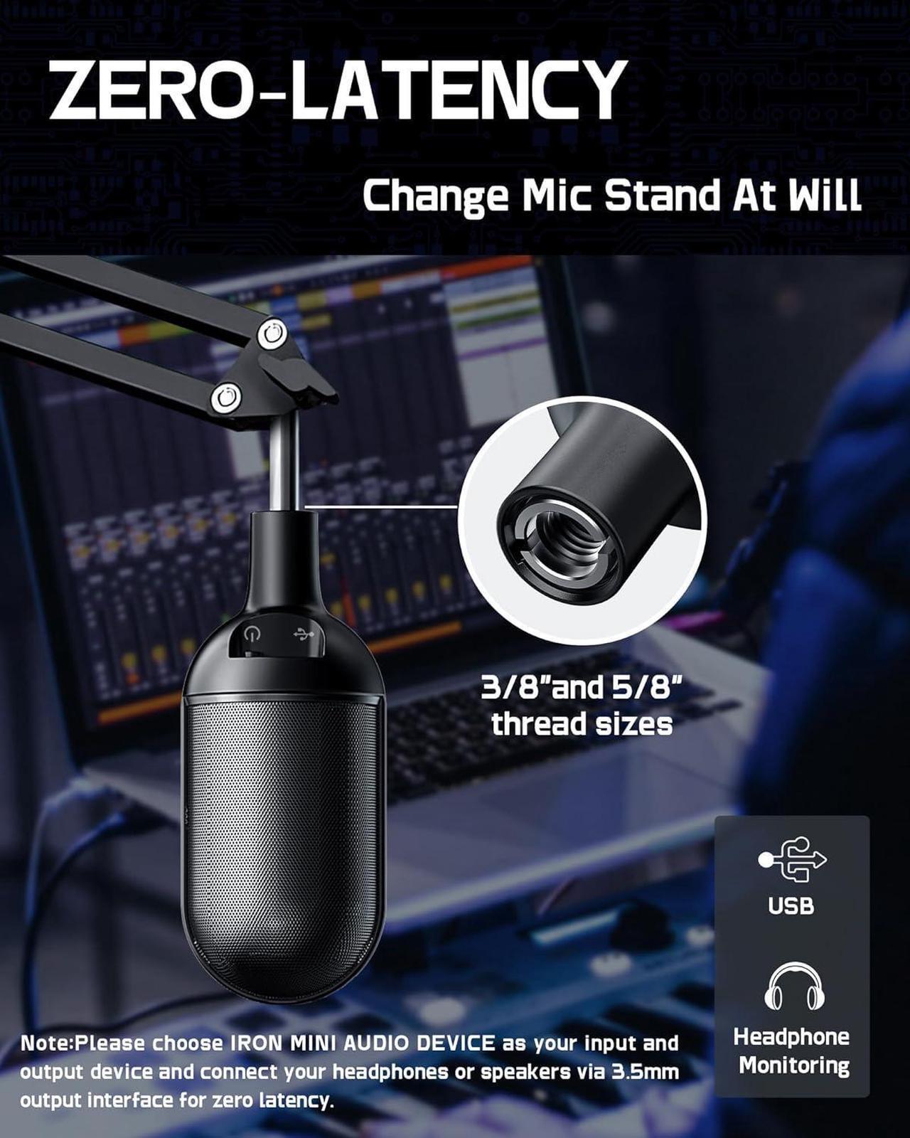 Alt view image 3 of 7 - ALABS USB Microphone,Condenser Podcast Microphone for Computer,Mac,Smartphone,Plug&Play Gaming Mic with LED Quick Mute,1/8" Headphone Monitor Jack,for Recording,Singing,YouTube,Tiktok Black