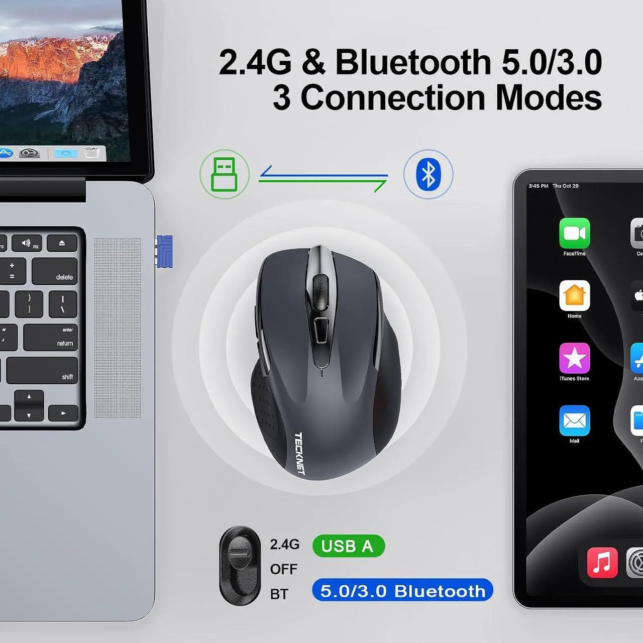 Alt view image 2 of 7 - Wireless Mouse (BT5.0/3.0 & 2.4G) Rechargeable 4800 DPI Silent USB A & Bluetooth Mouse 6 Buttons Wide Compatibility - Grey