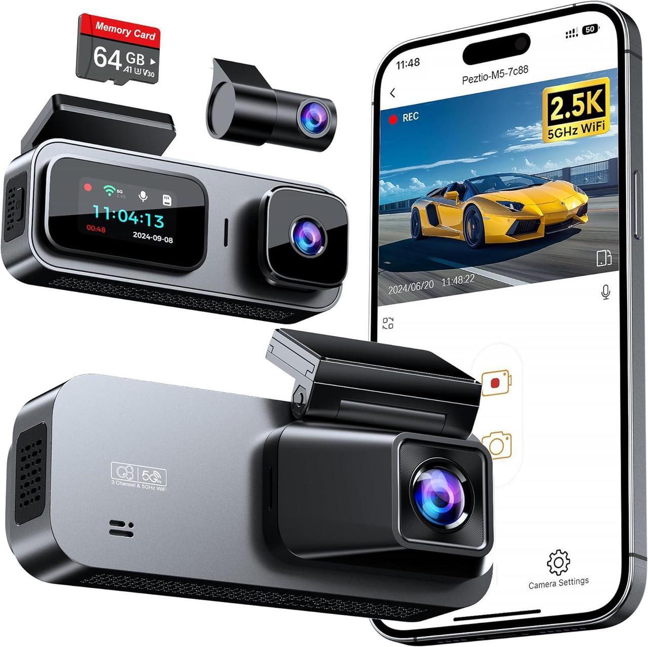 Main image of 3 Channel 5GHz WiFi Dash Cam with 64GB Card, 2.5K+1080P Dash Cam Front and Rear/Inside, 2.5K+1080P+1080P Three Way Dash Camera for Cars, Dashcam 24H Parking Mode, Support 256GB Max Silver