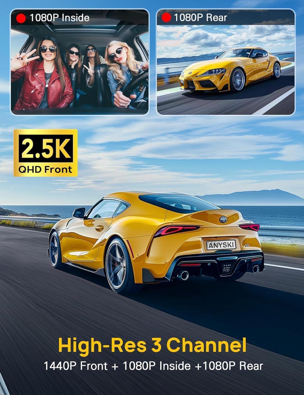 Alt view image 2 of 7 - 3 Channel 5GHz WiFi Dash Cam with 64GB Card, 2.5K+1080P Dash Cam Front and Rear/Inside, 2.5K+1080P+1080P Three Way Dash Camera for Cars, Dashcam 24H Parking Mode, Support 256GB Max Silver
