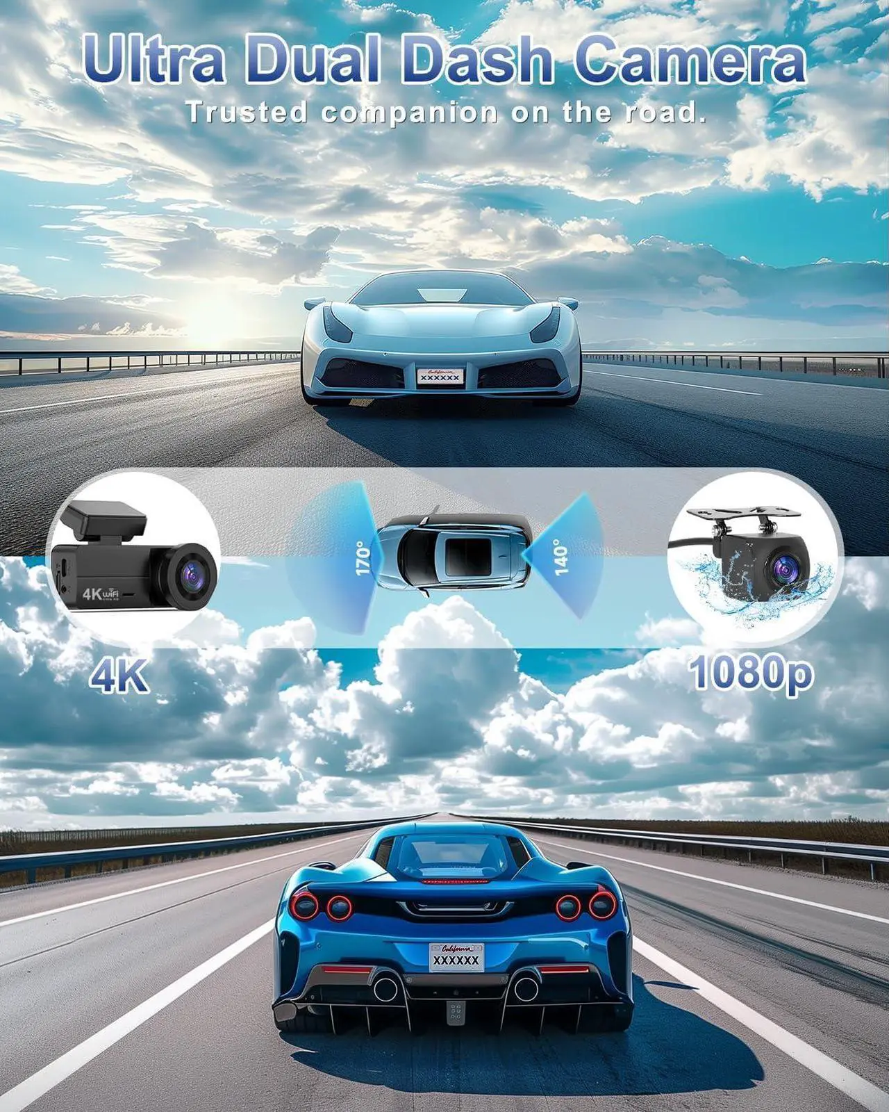 Alt view image 2 of 7 - 4K Dash Cam Front and Rear, WiFi Dash Cam with 64GB Card, 4K+1080P Dash Camera for Cars, Wireless WiFi Car Camera with App Control, 1.47" Screen DashCam with 24H Parking Monitor,G-Sensor