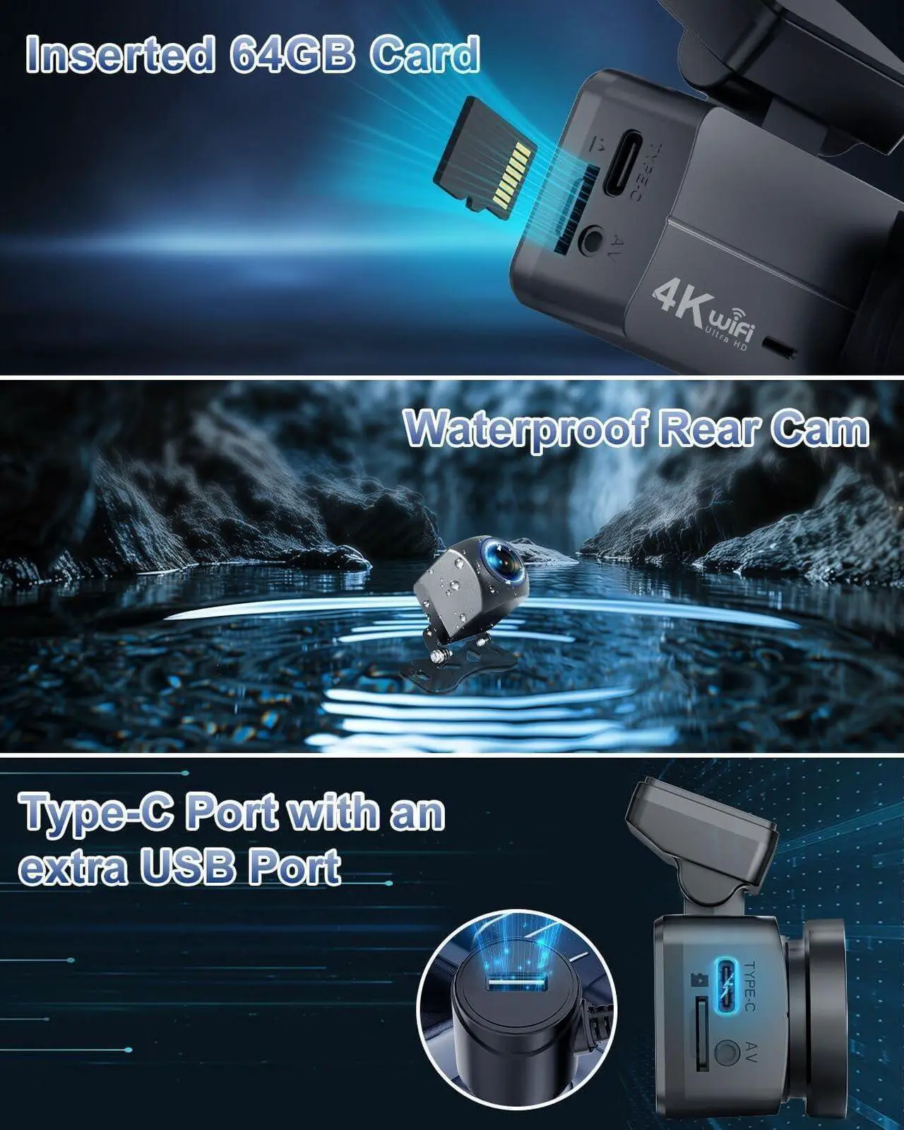 Alt view image 6 of 7 - 4K Dash Cam Front and Rear, WiFi Dash Cam with 64GB Card, 4K+1080P Dash Camera for Cars, Wireless WiFi Car Camera with App Control, 1.47" Screen DashCam with 24H Parking Monitor,G-Sensor