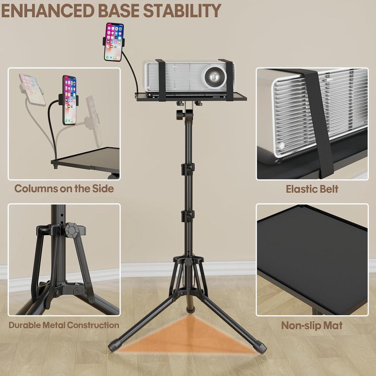 Alt view image 3 of 7 - Projector Stand Adjustable Height 20" to 61", Foldable Projector Tripod Stand with Mouse Tray & Phone Holder, Portable Laptop Floor Stand for Office Home Stage Studio DJ Racks Podium Stand