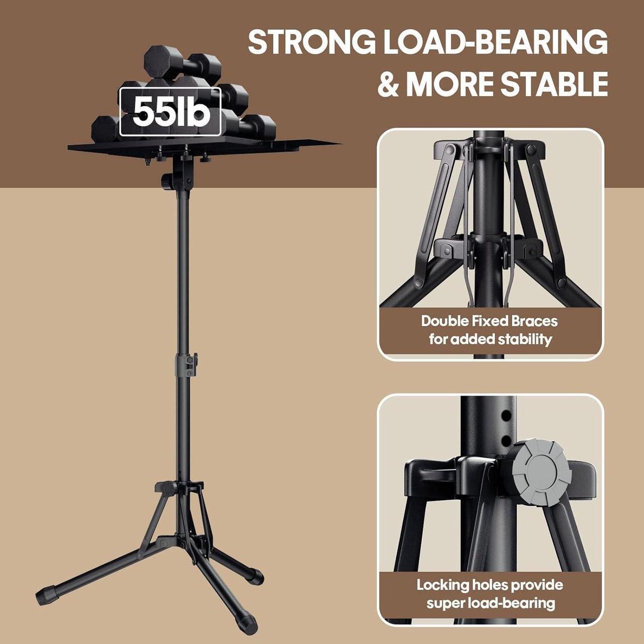 Alt view image 4 of 7 - Projector Stand Adjustable Height 20" to 61", Foldable Projector Tripod Stand with Mouse Tray & Phone Holder, Portable Laptop Floor Stand for Office Home Stage Studio DJ Racks Podium Stand