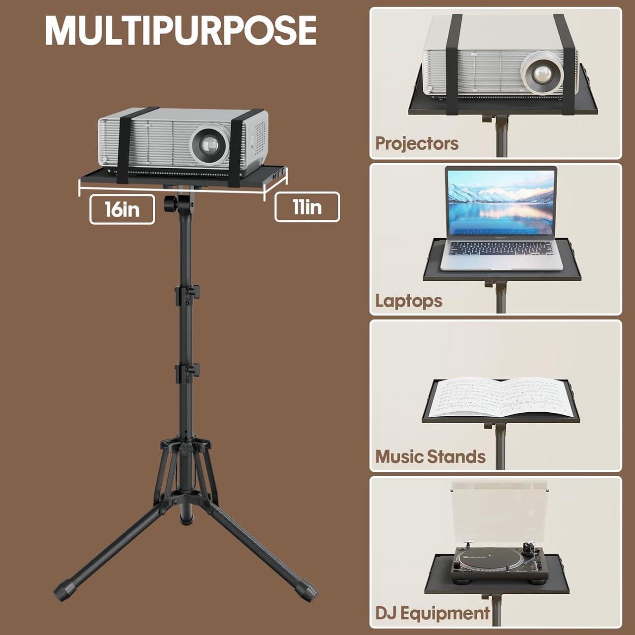 Alt view image 6 of 7 - Projector Stand Adjustable Height 20" to 61", Foldable Projector Tripod Stand with Mouse Tray & Phone Holder, Portable Laptop Floor Stand for Office Home Stage Studio DJ Racks Podium Stand