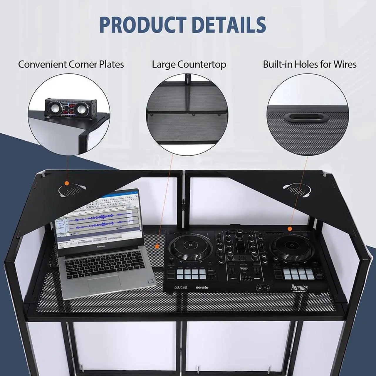 Alt view image 2 of 7 - DJ Facade Booth 41"L x 20"W Portable DJ Facade with White & Black Scrim, Foldable DJ Table Station with LED Strips for Party, Black Metal Frame