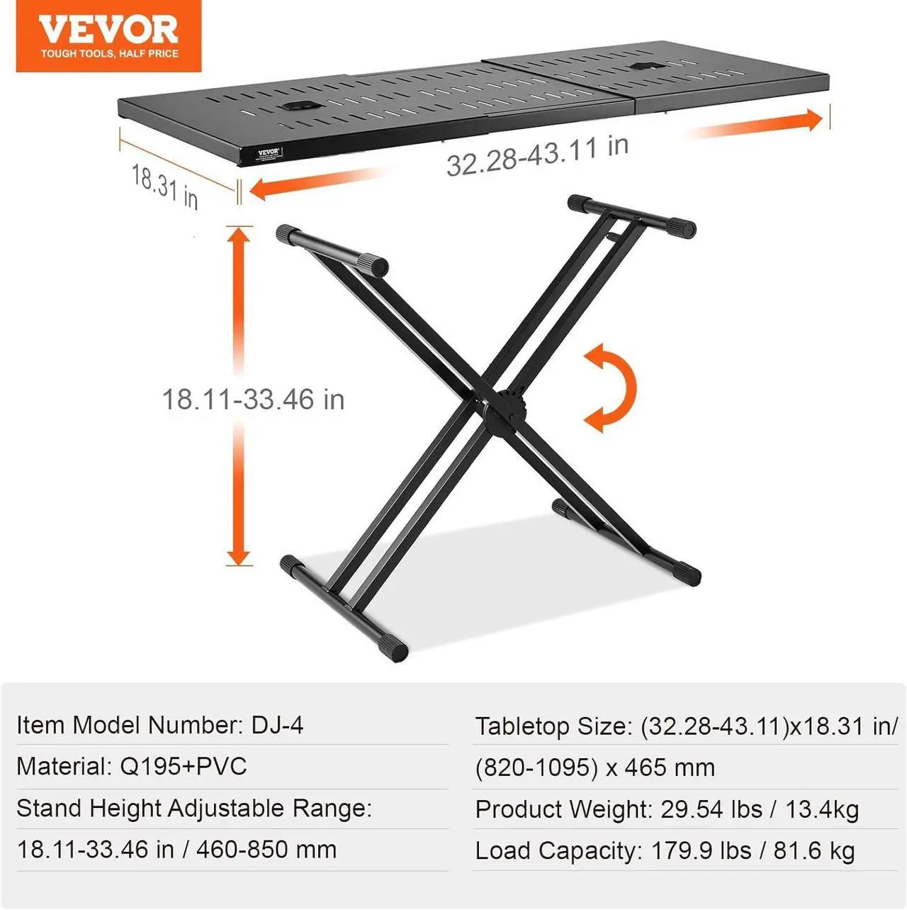 Alt view image 7 of 7 - DJ Table Stand, (32"-43") x 18" Portable DJ Laptop and Controller Stand, Lightweight DJ Desk DJ Booth Adjustable Height DJ Stand, Foldable Double-X Keyboard Stand & Tabletop, Audio Mixer Stand