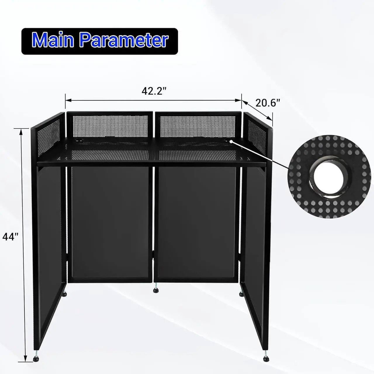 Alt view image 2 of 7 - DJ Booth Table Station 44"x42"x21", DJ Facade Booth w/Black & White Lighting Scrims, Detachable 40"x20" DJ Table, Carrying Bag, Foldable Metal Frame DJ Booth Panel for Show, Party, Gathering