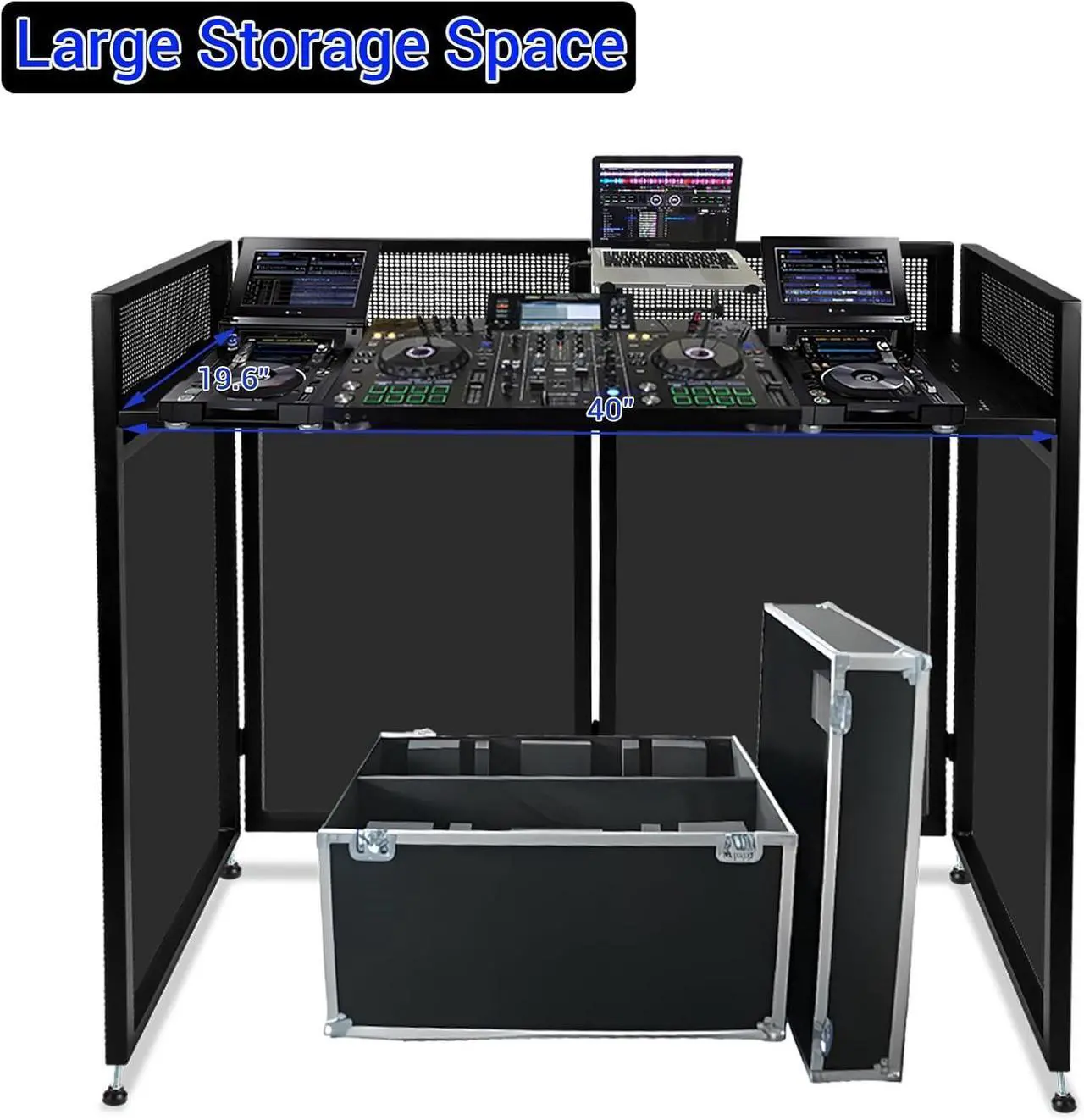 Alt view image 3 of 7 - DJ Booth Table Station 44"x42"x21", DJ Facade Booth w/Black & White Lighting Scrims, Detachable 40"x20" DJ Table, Carrying Bag, Foldable Metal Frame DJ Booth Panel for Show, Party, Gathering