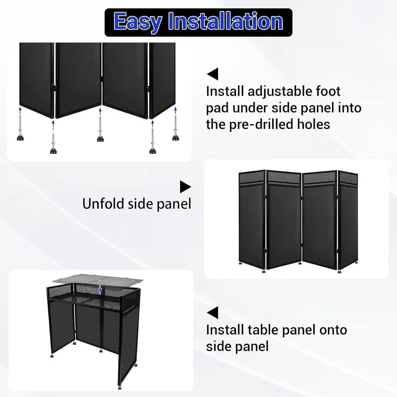 Alt view image 5 of 7 - DJ Booth Table Station 44"x42"x21", DJ Facade Booth w/Black & White Lighting Scrims, Detachable 40"x20" DJ Table, Carrying Bag, Foldable Metal Frame DJ Booth Panel for Show, Party, Gathering