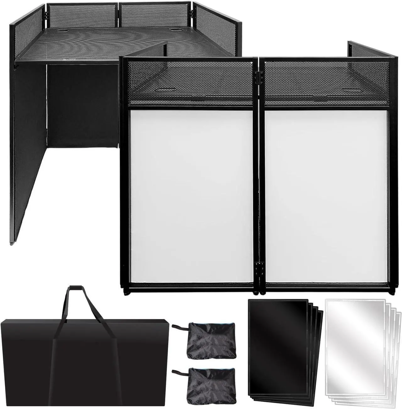 Main image of Portable DJ Facade Booth with Black and White Lighting Scrims, Carry Cases | Standing DJ Table - 40" x 20" | DJ Controller Stand | Recording Mixer Stand| DJ Booth (ES-01)
