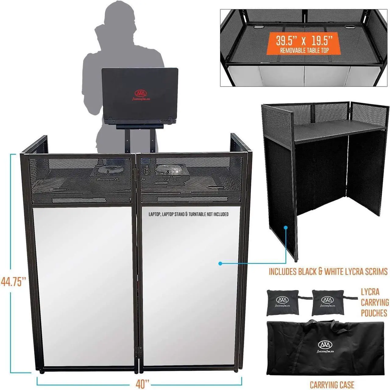 Alt view image 2 of 7 - Portable DJ Facade Booth with Black and White Lighting Scrims, Carry Cases | Standing DJ Table - 40" x 20" | DJ Controller Stand | Recording Mixer Stand| DJ Booth (ES-01)