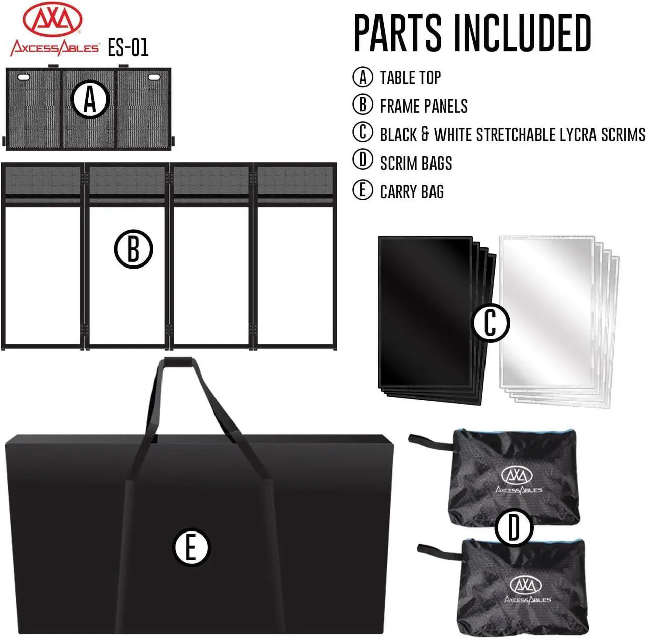 Alt view image 5 of 7 - Portable DJ Facade Booth with Black and White Lighting Scrims, Carry Cases | Standing DJ Table - 40" x 20" | DJ Controller Stand | Recording Mixer Stand| DJ Booth (ES-01)