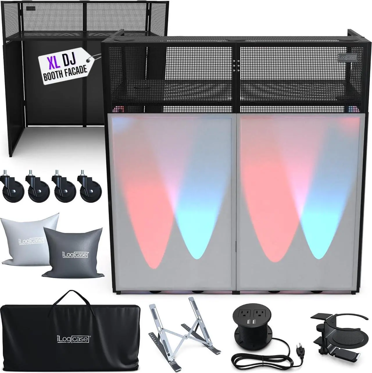 Main image of XL 50x25in Portable DJ Booth Facade Table with White/Black Scrims | Controller and Audio Mixer Stand, With Wheels, Multiplug, Laptop Stand, Cable Organizer, Headphones Holder and Carry Bag